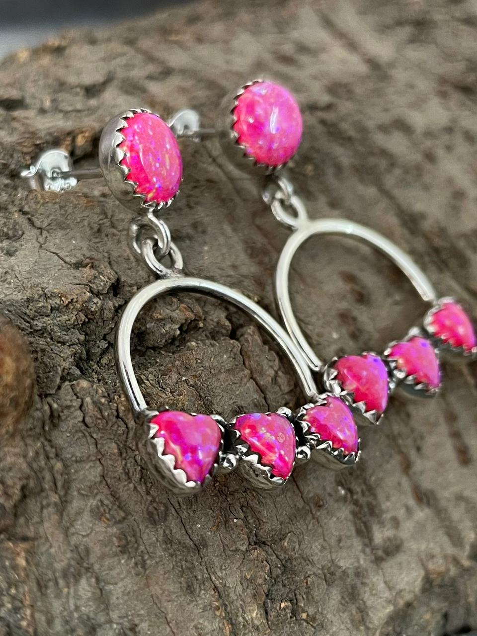 "Heart Collection" Handmade Sterling Silver Hot Pink Post Dangle Earrings "Signed Nizhoni"