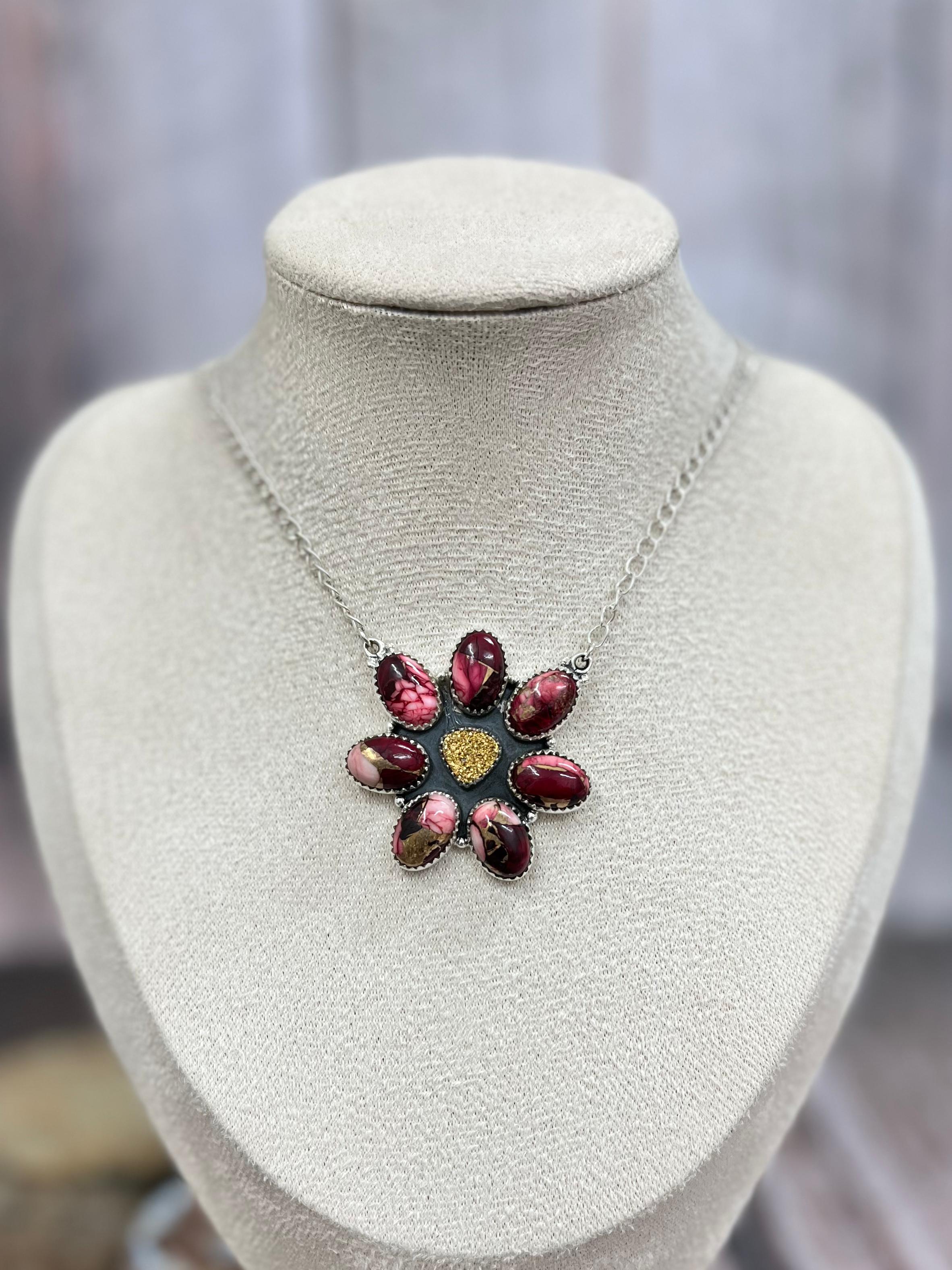Handmade Sterling Silver Dahlia Rose with Druzy Necklace with Signed Nizhoni