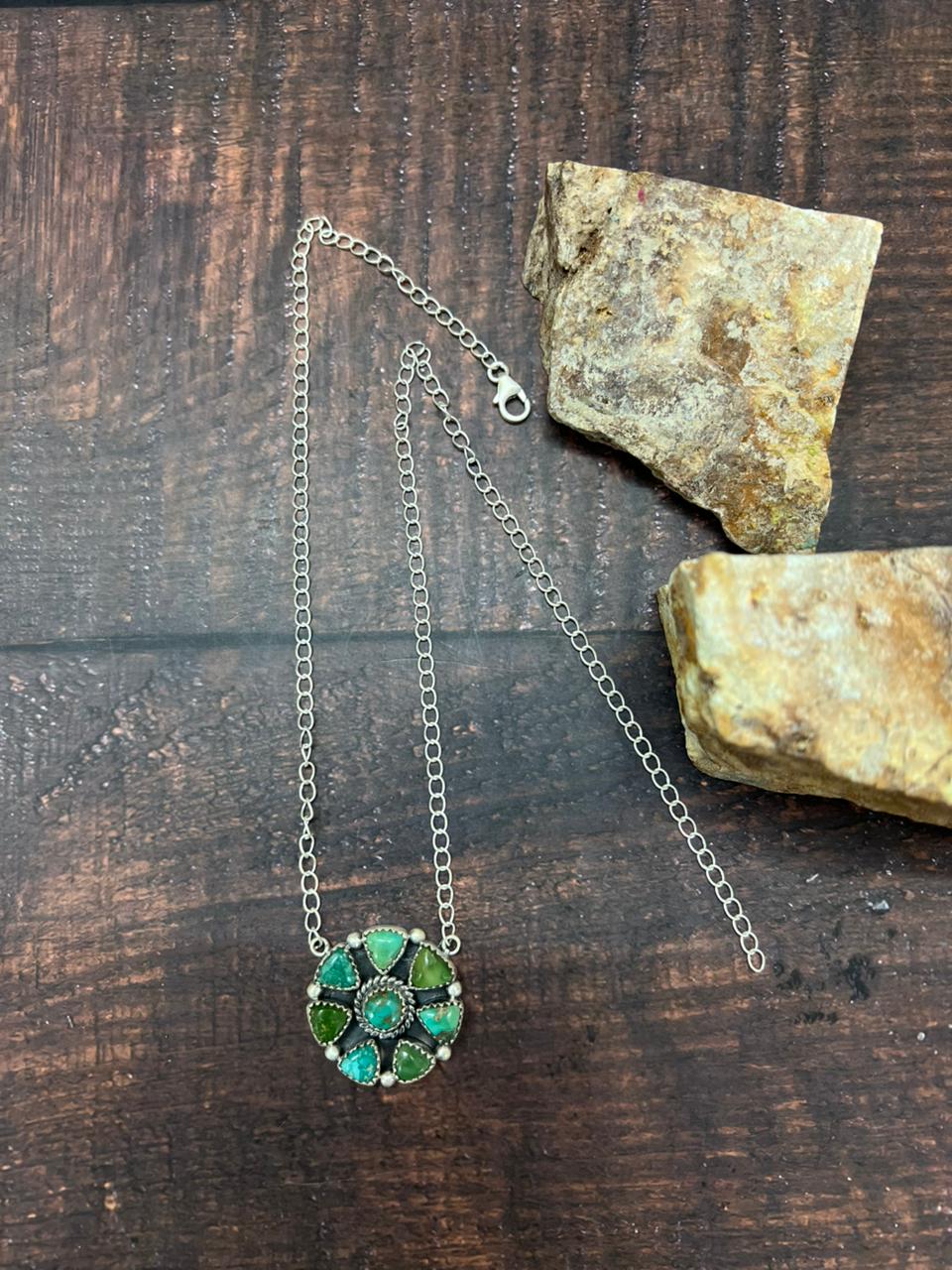 Handmade Sterling Silver Emerald Valley Turquoise Necklace "Signed Nizhoni"