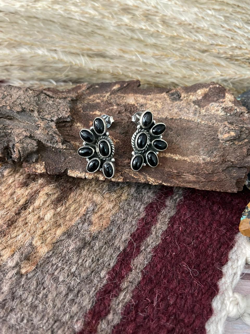 Handmade Sterling Silver Black Onyx Post Studs Earrings "Signed Nizhoni"