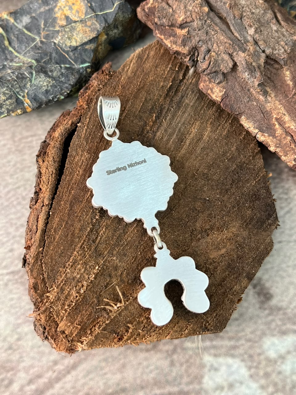 Handmade Sterling Silver Kingman Turquoise with White Buffalo Naja Pendant Signed Nizhoni