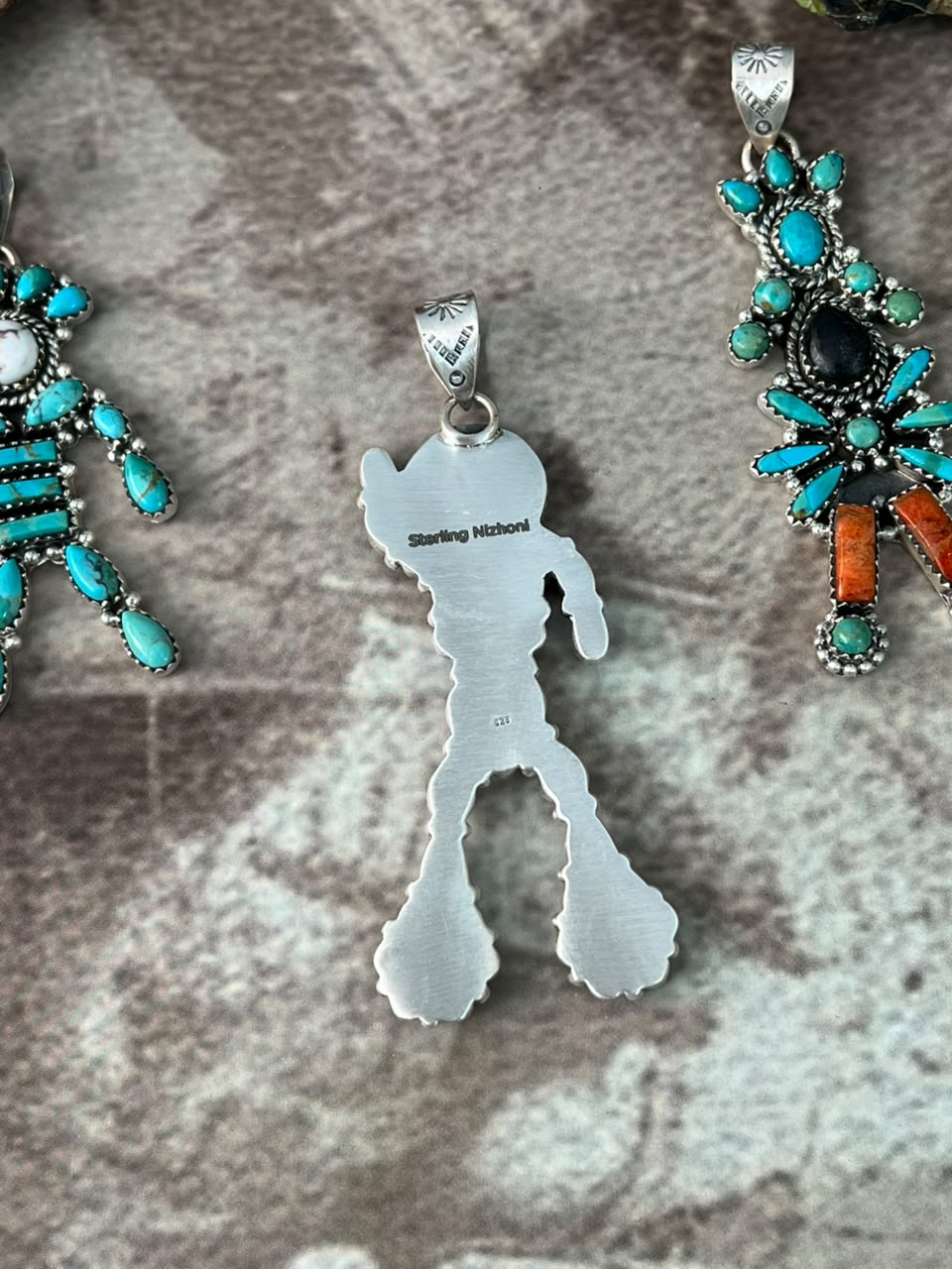 Handmade Sterling Silver Kingman Turquoise with Orange Mojave, White Buffalo and Wildhorse Magnesite Pendant Signed Nizhoni (9)