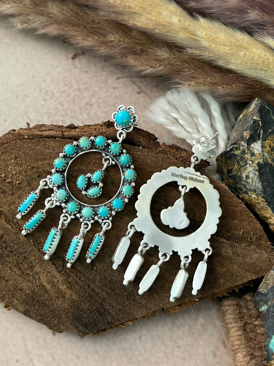 Handmade Sterling Silver Kingman Turquoise Post Dangle Earrings Signed Nizhoni