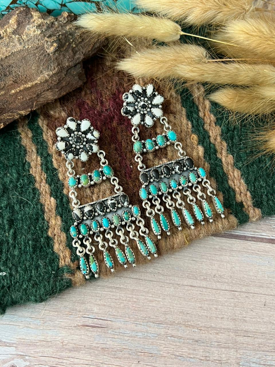 Handmade Sterling Silver Kingman Turquoise with White Buffalo Post Dangle Earrings "Signed Nizhoni"