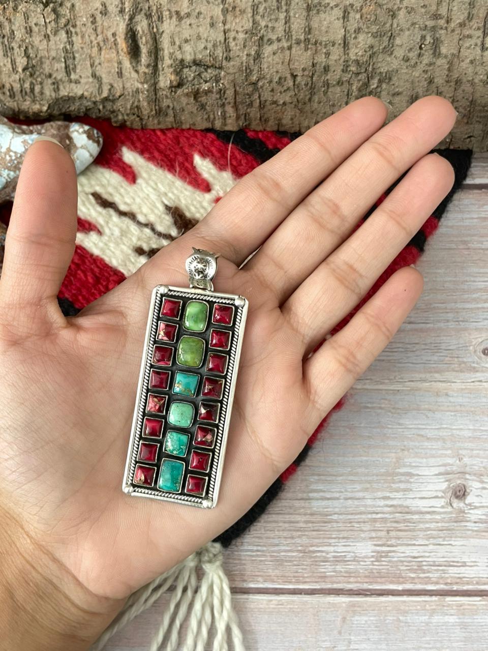 Handmade Sterling Silver Dahlia Rose with Emerald Valley Turquoise Pendant "Signed Nizhoni"