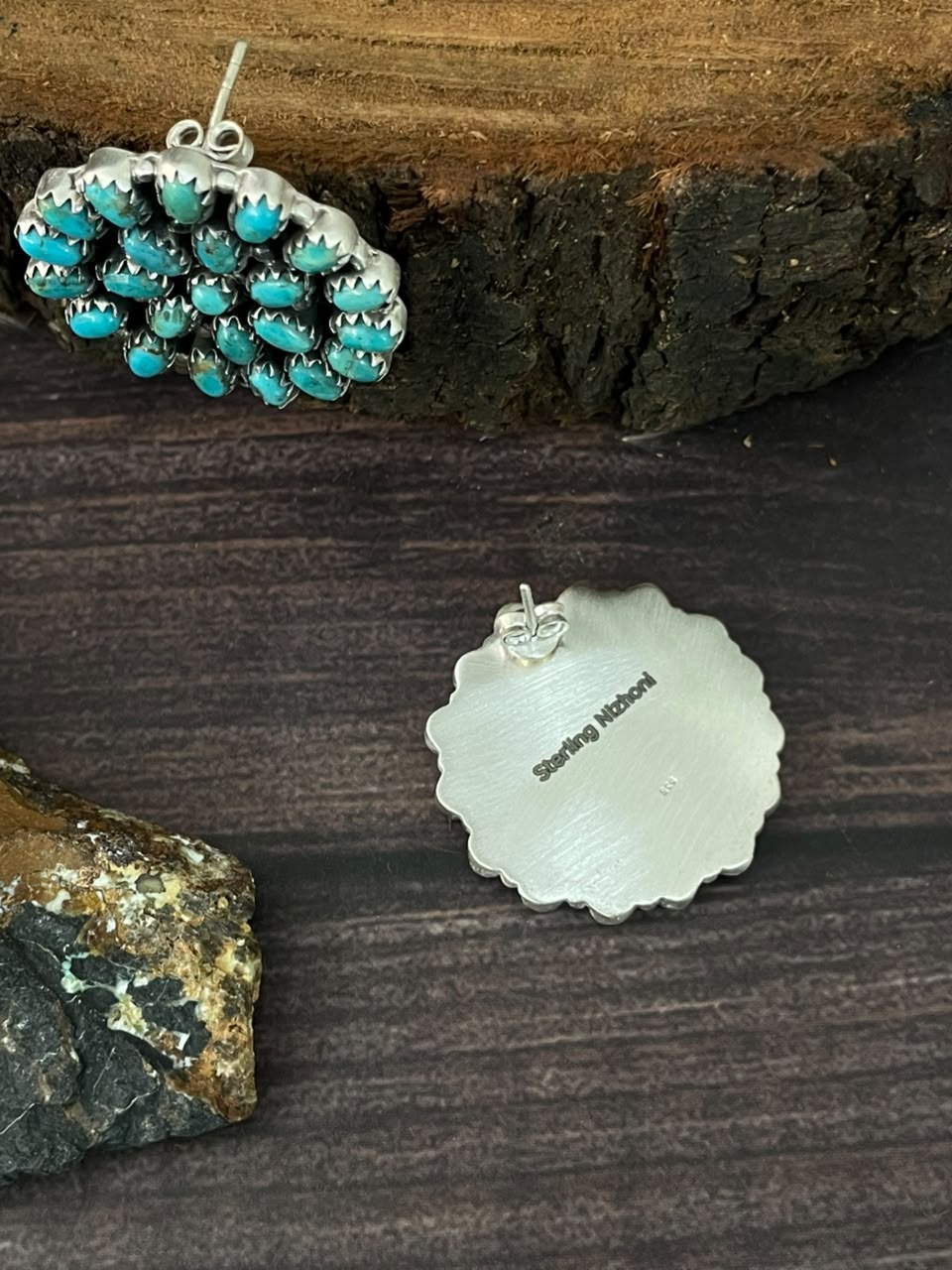 Handmade Sterling Silver Kingman Turquoise Post Studs Earrings Signed Nizhoni