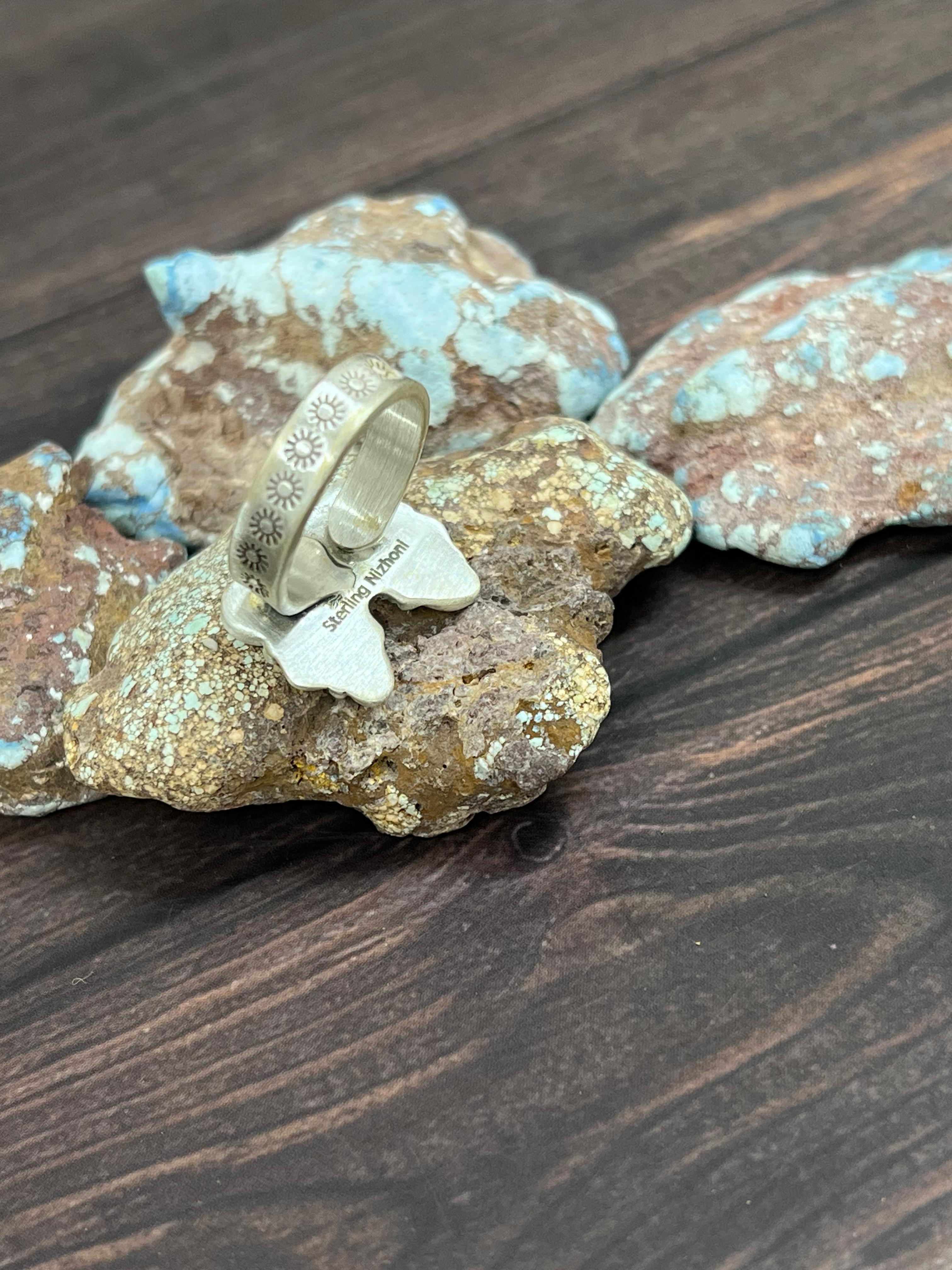 Handmade Sterling Silver with Golden Hills Turquoise Adjustable Ring With Signed Nizhoni