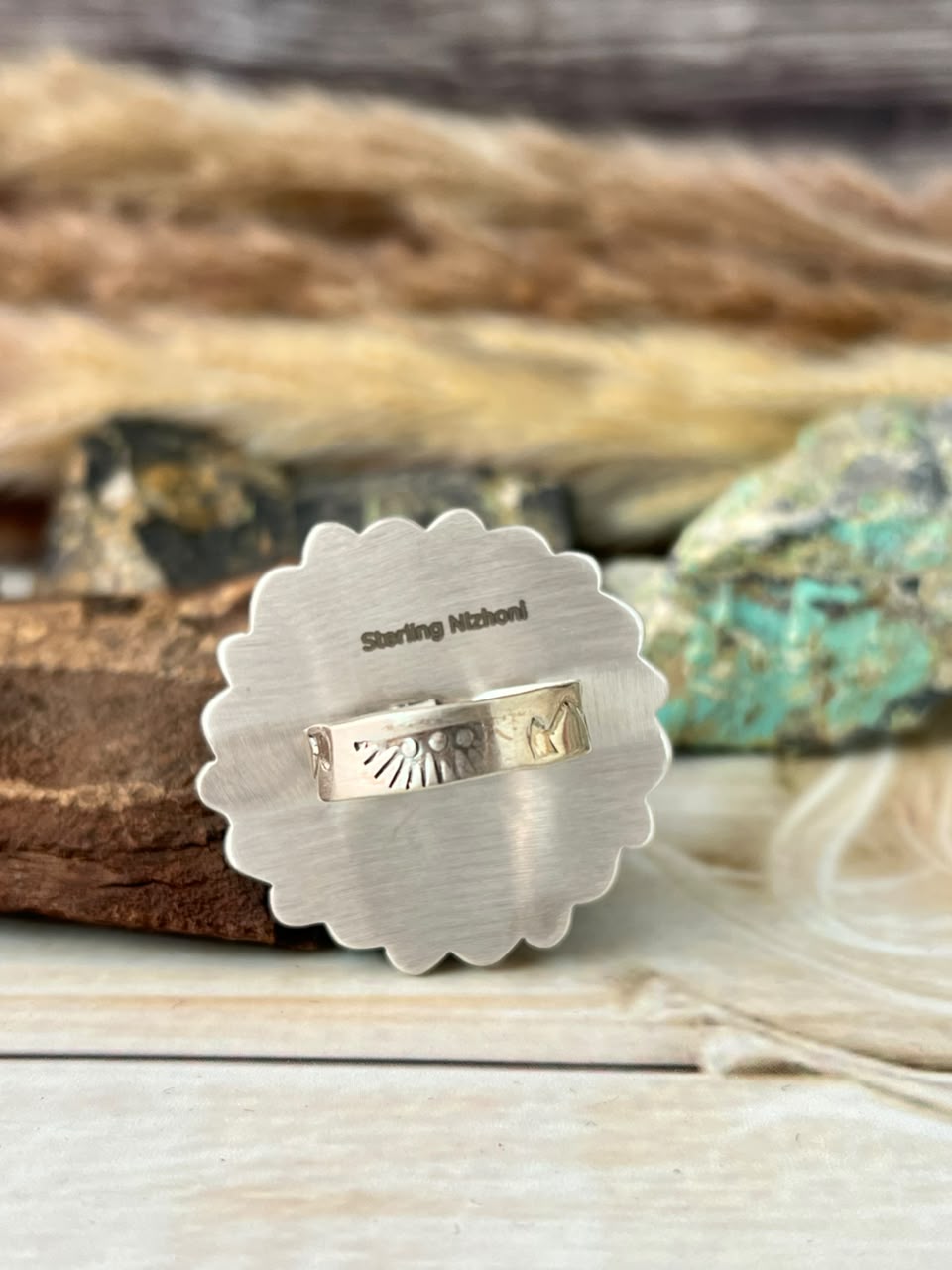 Handmade Sterling Silver Palomino Turquoise with Cotton Candy Adjustable Ring Signed Nizhoni