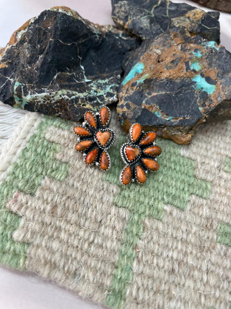 Handmade Sterling Silver Orange Mohave Post Studs Earrings "Signed Nizhoni"