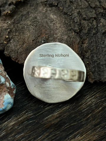 Handmade Sterling Silver Emerald Valley Turquoise Adjustable Ring "Signed Nizhoni"