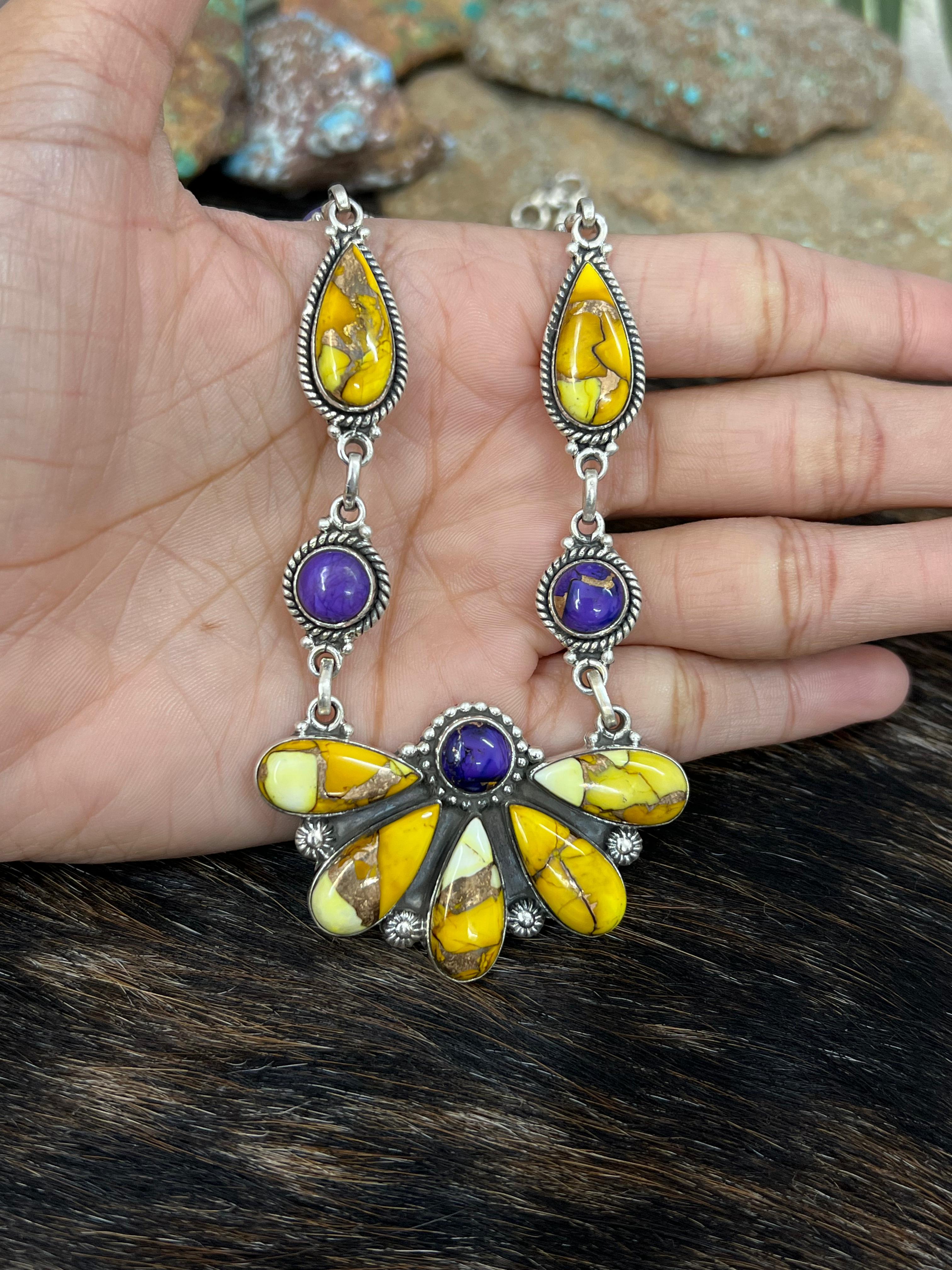 Handmade Sterling Silver Grape Dahlia, Honey Dahlia Necklace with Signed Nizhoni