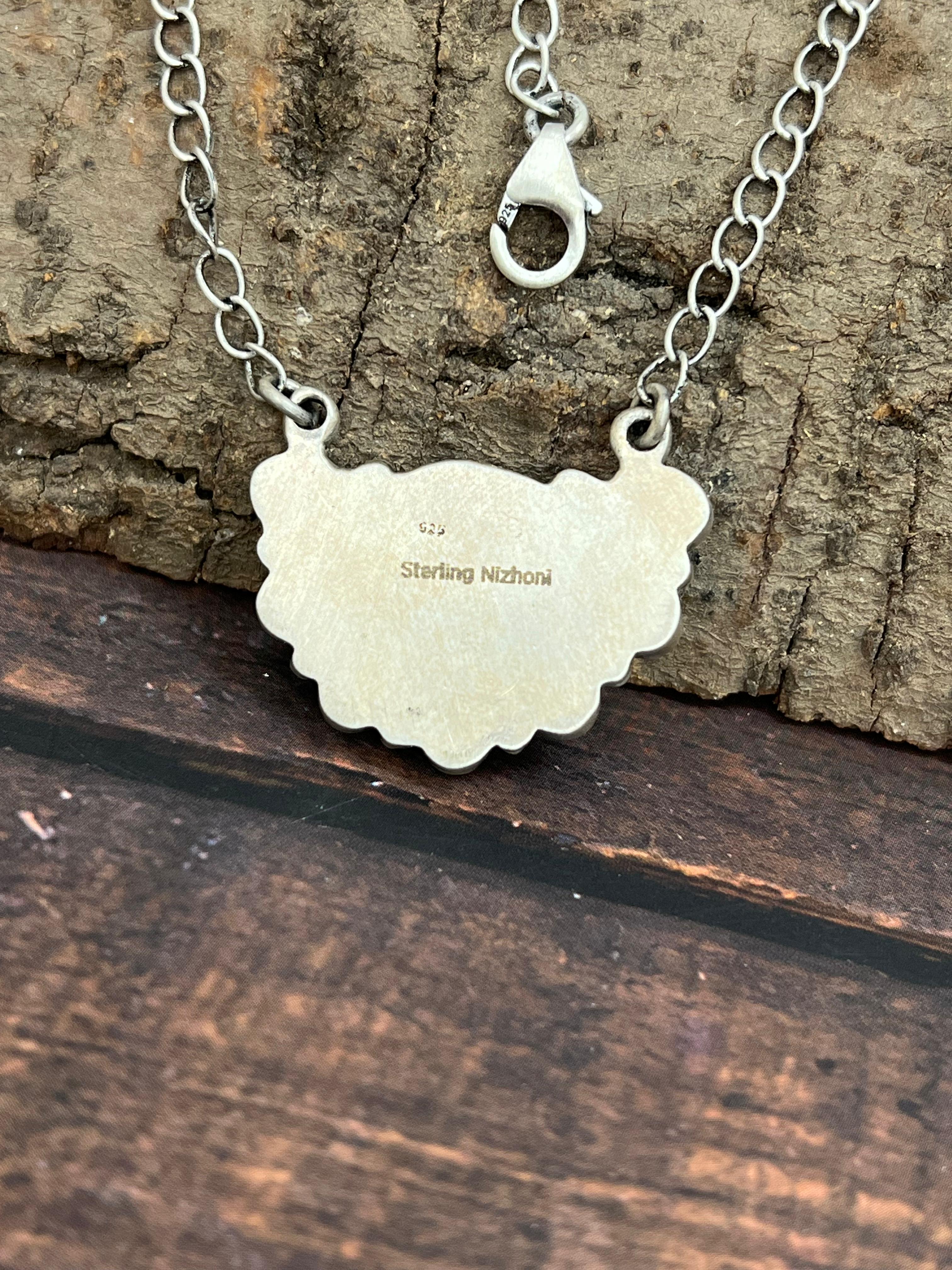 Handmade Sterling Silver Peacock Dahlia Necklace with Signed Nizhoni