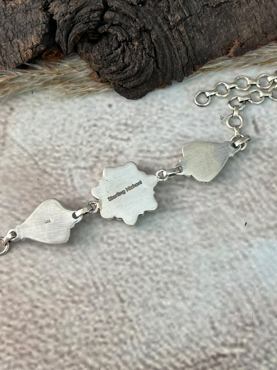 Handmade Sterling Silver Sonoran Mountain Turquoise with Bumblebee and White Buffalo Spring Collection: Chain Bracelet Signed Nizhoni