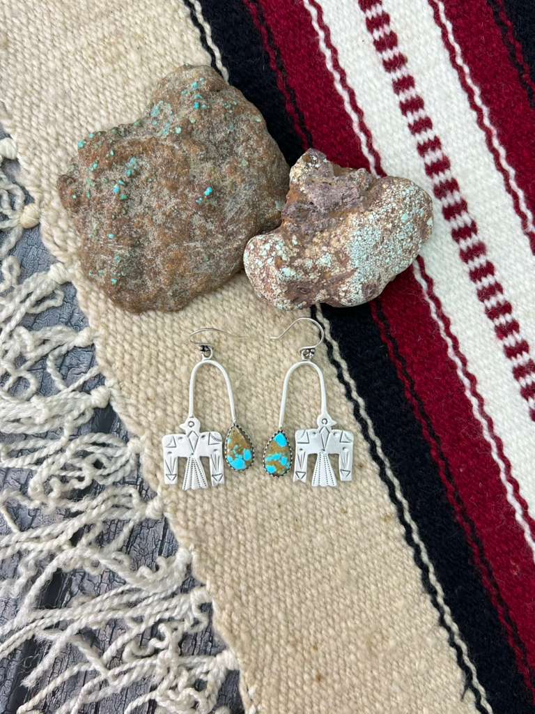 Handmade Sterling Silver Number 8 Turquoise Hook Dangle Earrings "Signed Nizhoni"