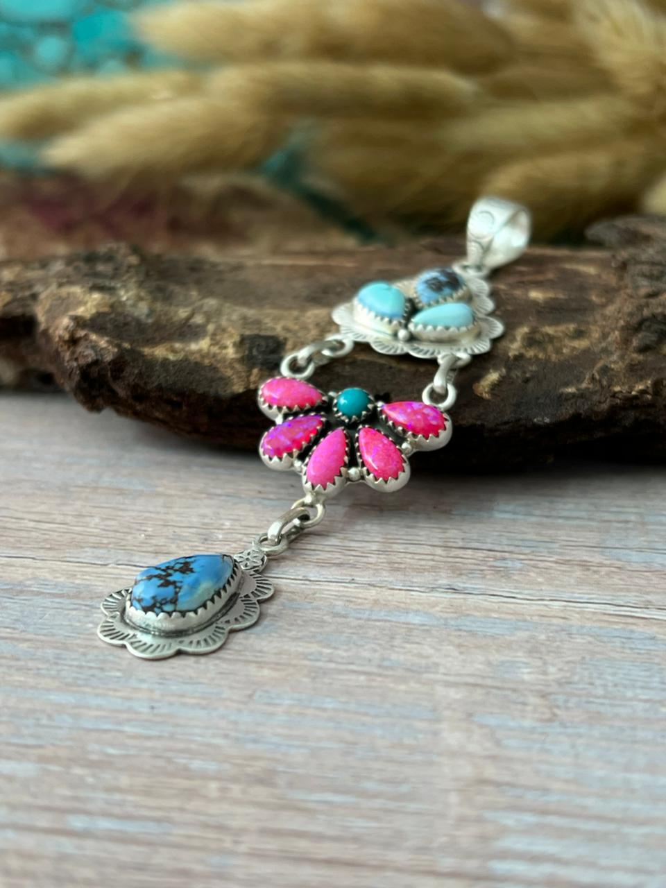 Handmade Sterling Silver Kingman with Golden Hills Turquoise and Hot Pink Pendant "Signed Nizhoni"