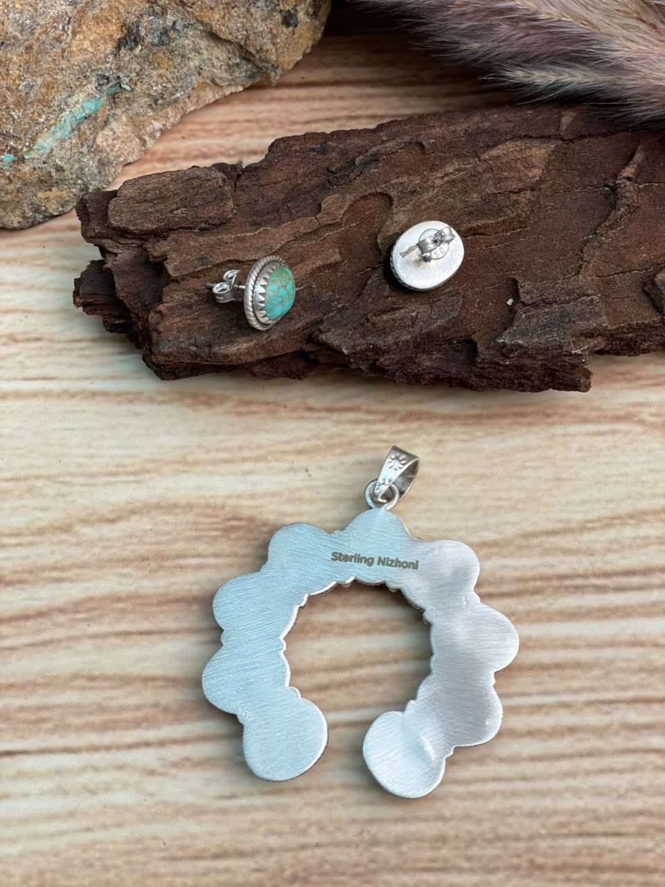 Handmade Sterling Silver Kingman Turquoise Naja Pendant and Earrings Set Signed Nizhoni