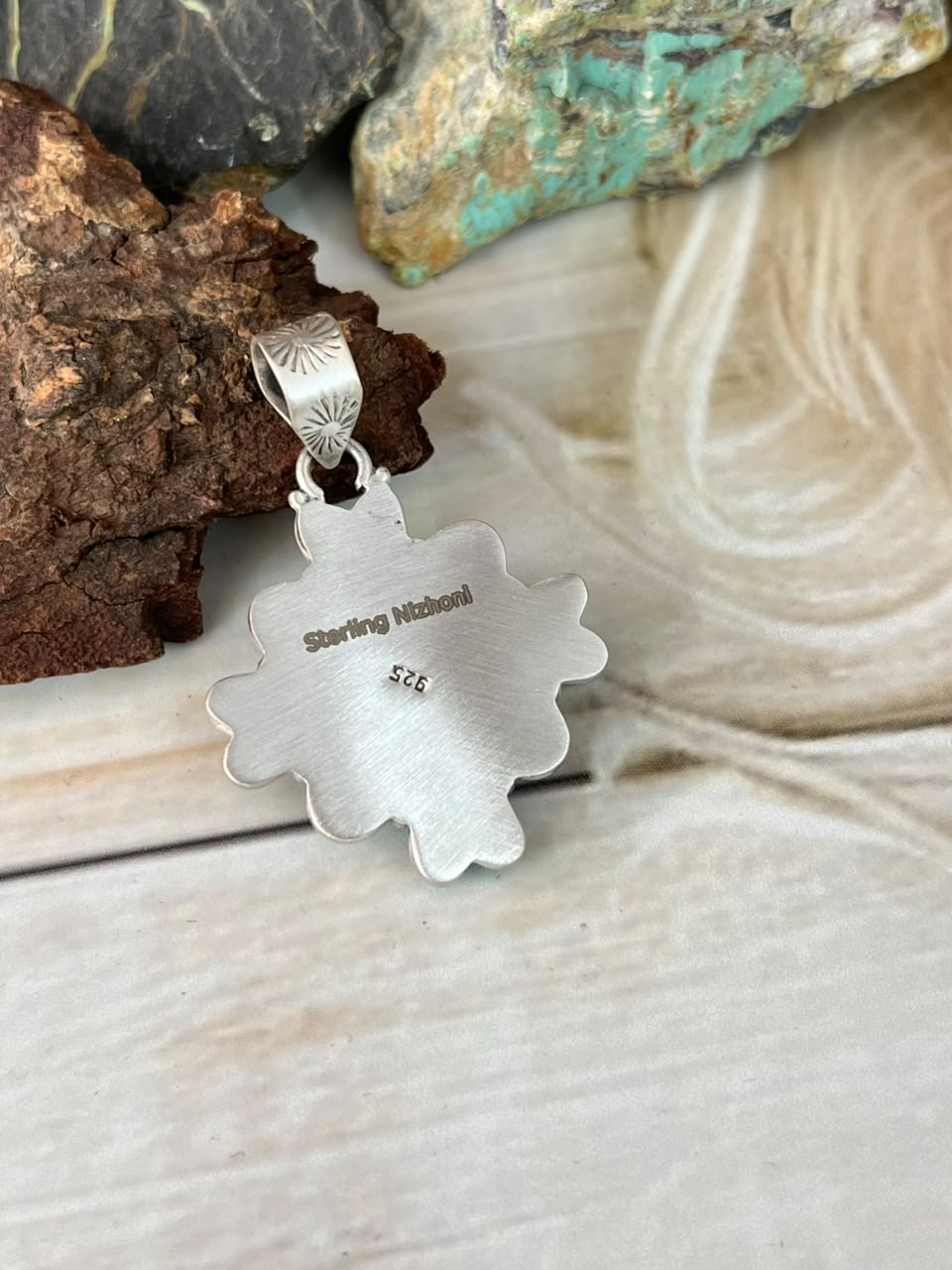 Handmade Sterling Silver White Buffalo with Kingman Turquoise Pendant Signed Nizhoni