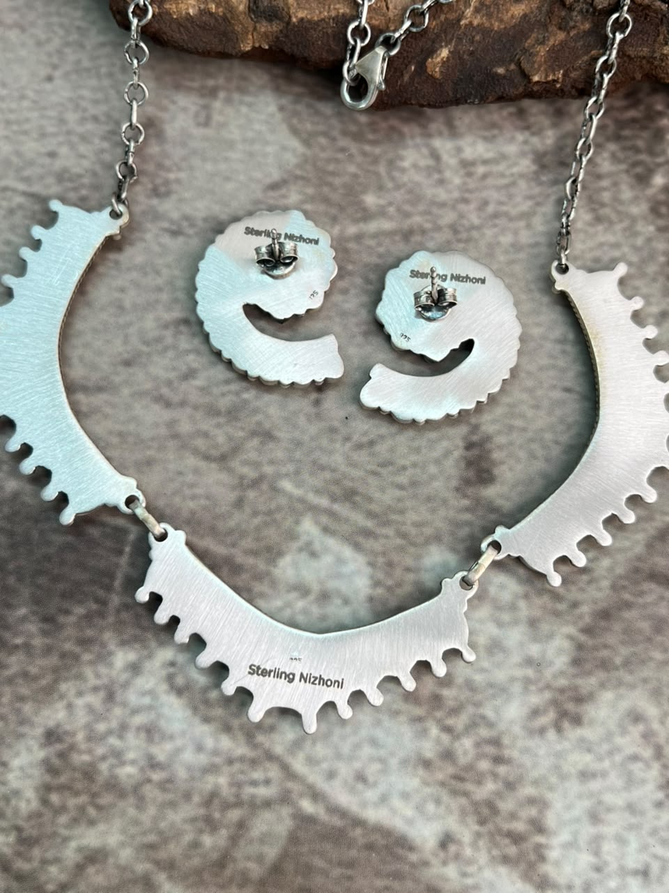 Handmade Sterling Silver Kingman Turquoise Necklace and Earrings Set Signed Nizhoni