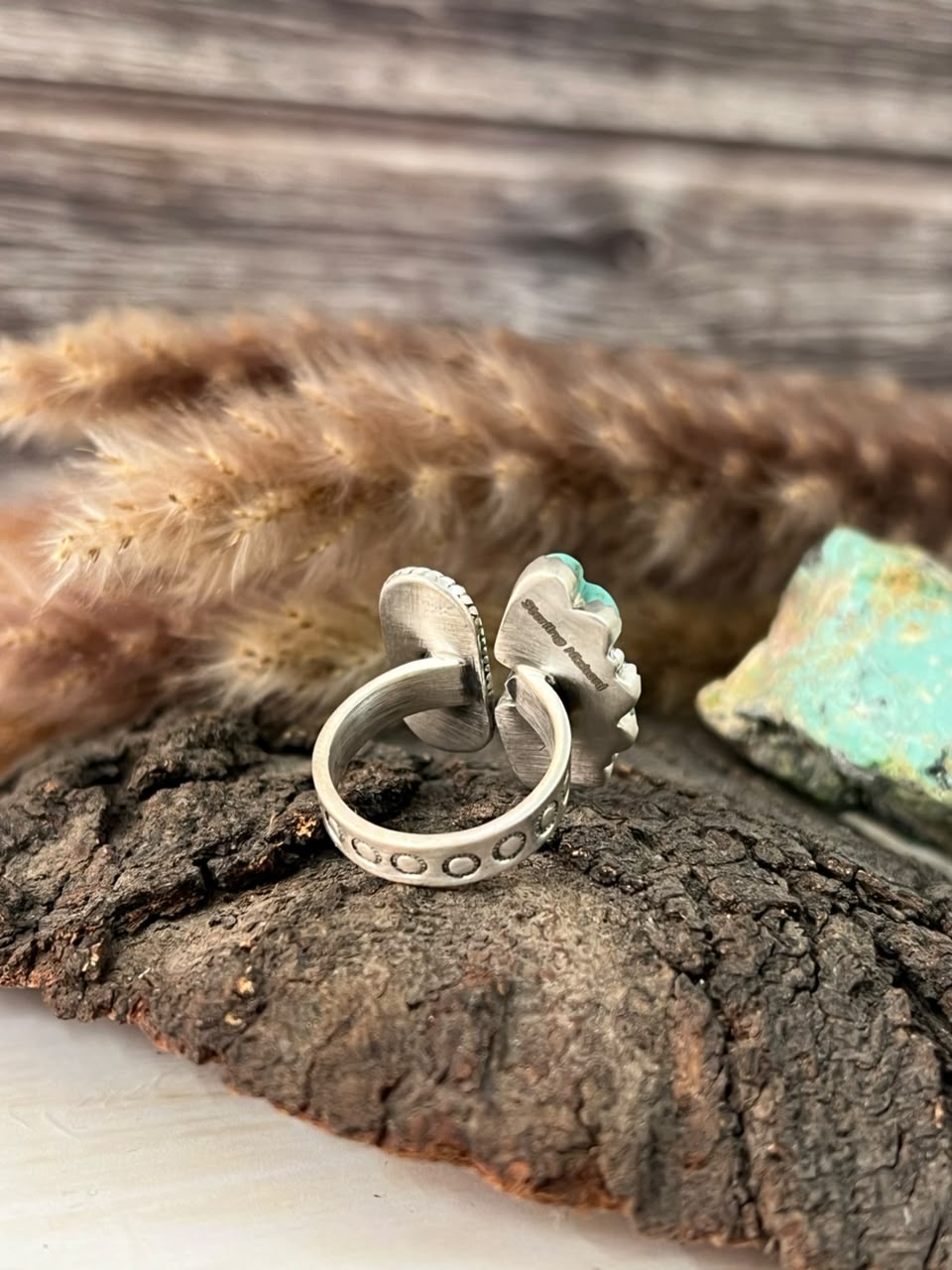 Handmade Sterling Silver Kingman Turquoise and White Buffalo Adjustable Ring Signed Nizhoni