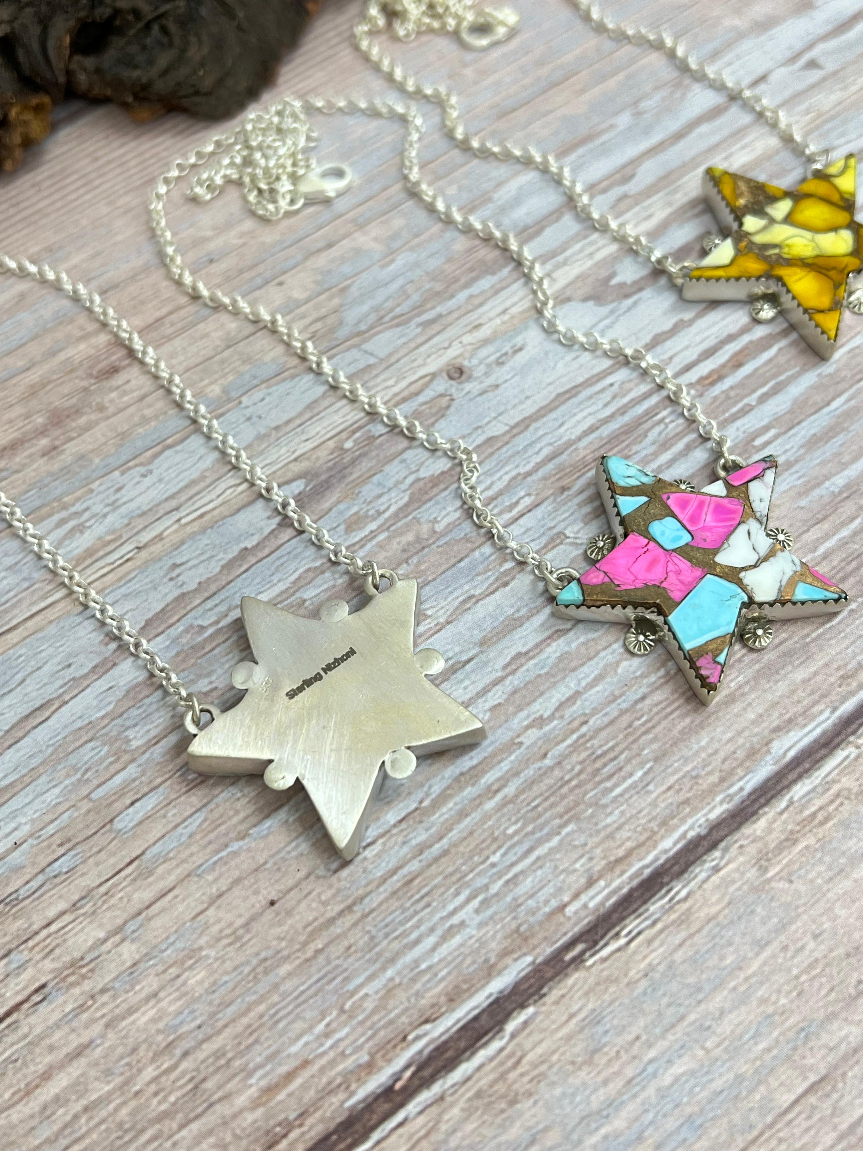 Handmade Sterling Silver Multi Stone Star Necklace, Signed Nizhoni