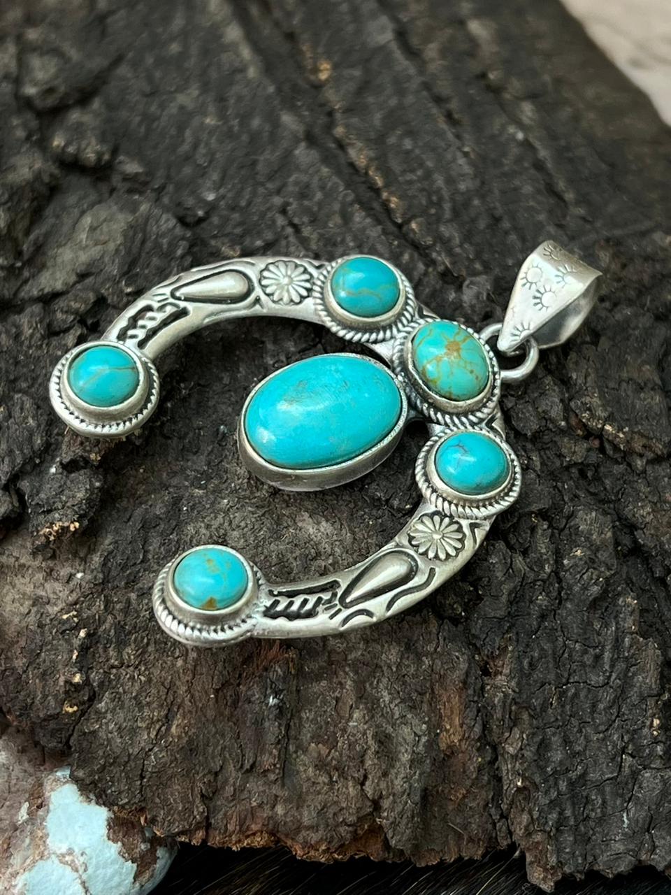 Handmade Sterling Silver Kingman Turquoise Naja Pendant "Signed Nizhoni" (3)