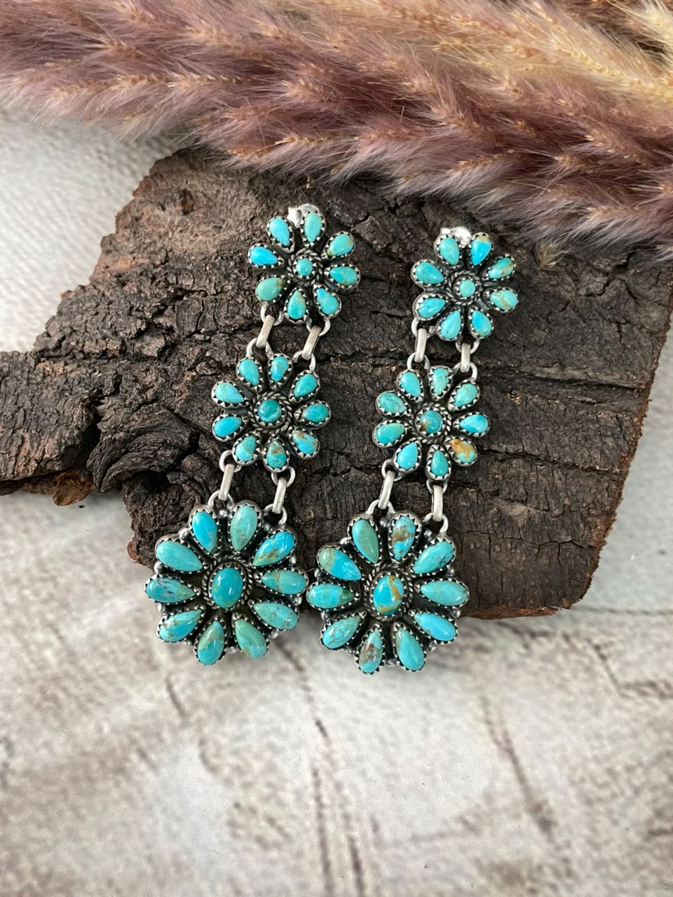 Handmade Sterling Silver Kingman Turquoise Post Dangle Earrings Signed Nizhoni