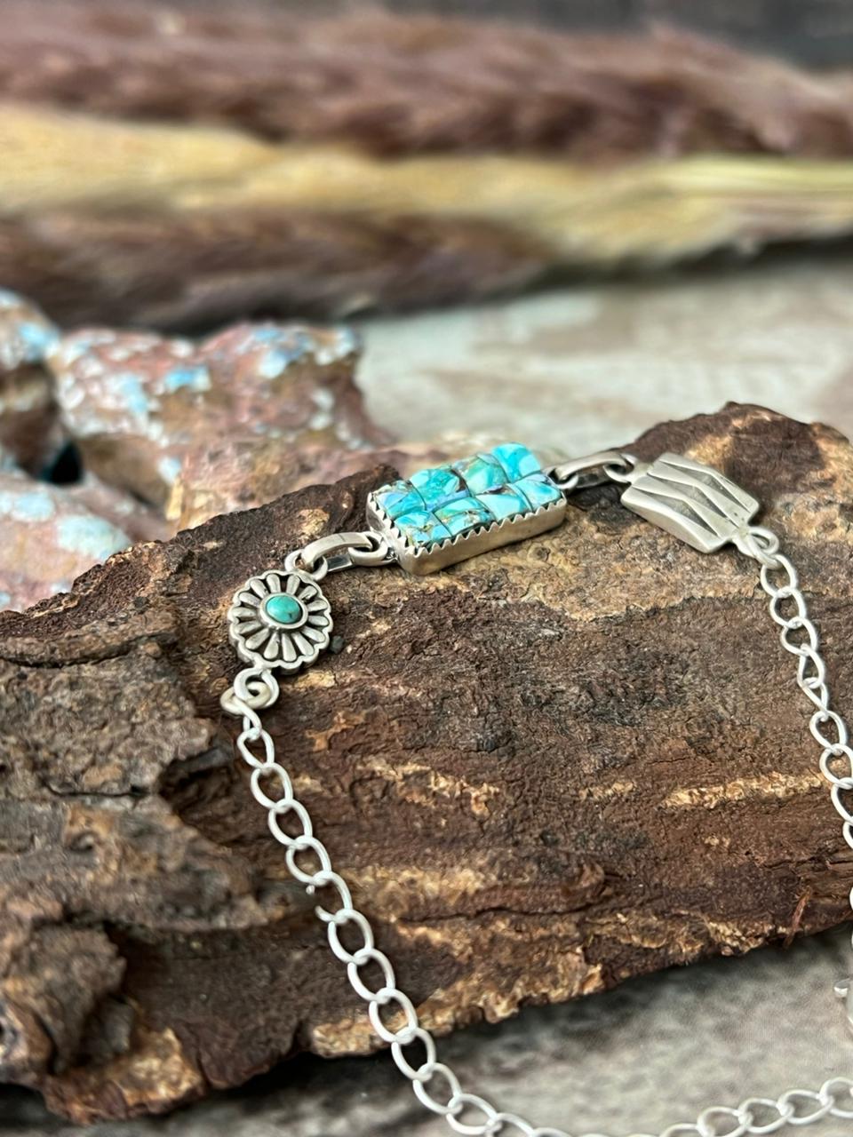 Handmade Sterling Silver Golden Hills Turquoise Cobble Collection Chain Bracelet "Signed Nizhoni"