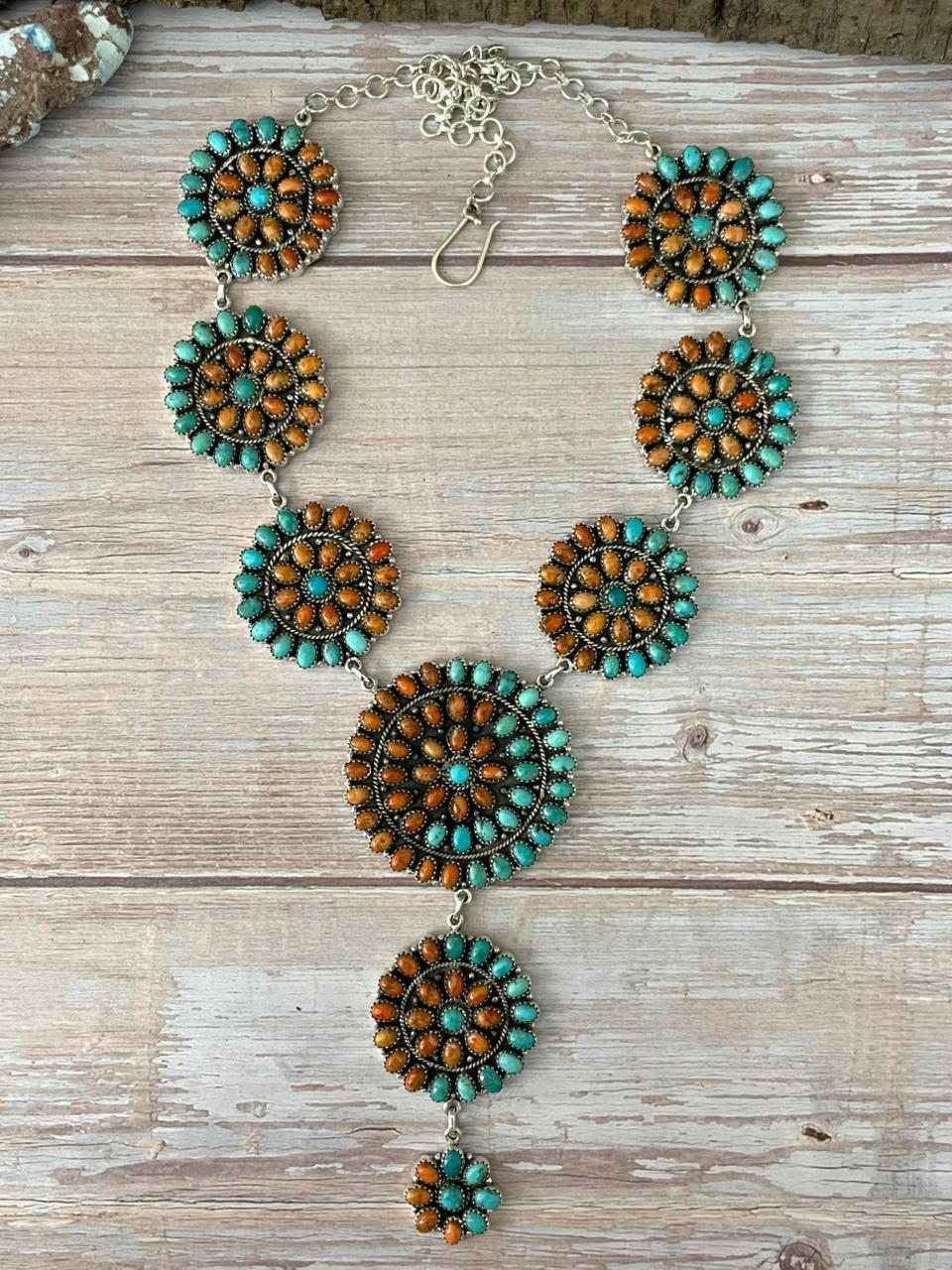 Handmade Sterling Silver Orange Mojave with Kingman Turquoise Necklace "Signed Nizhoni"