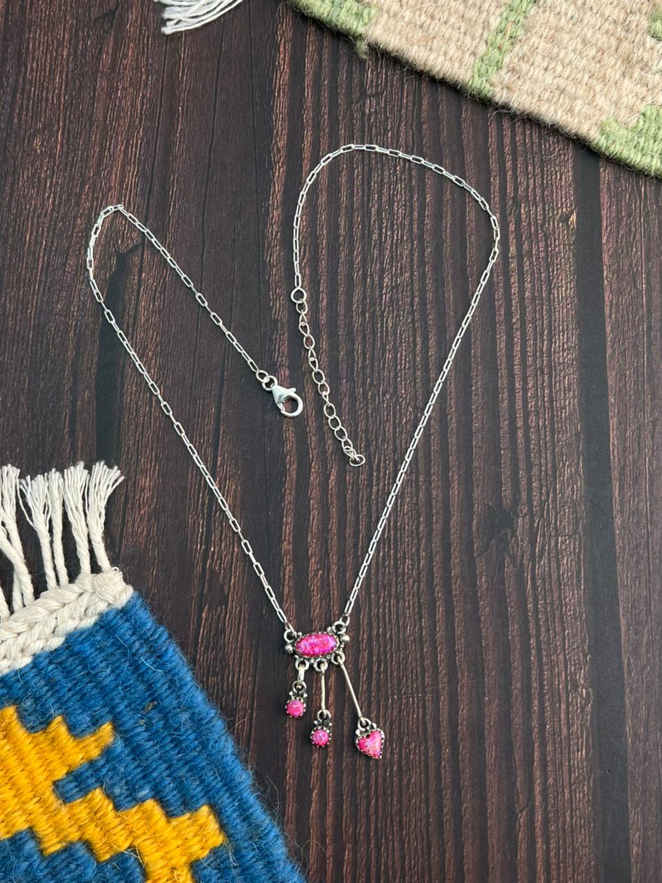 "Heart Collection" Handmade Sterling Silver Hot Pink Necklace "Signed Nizhoni"