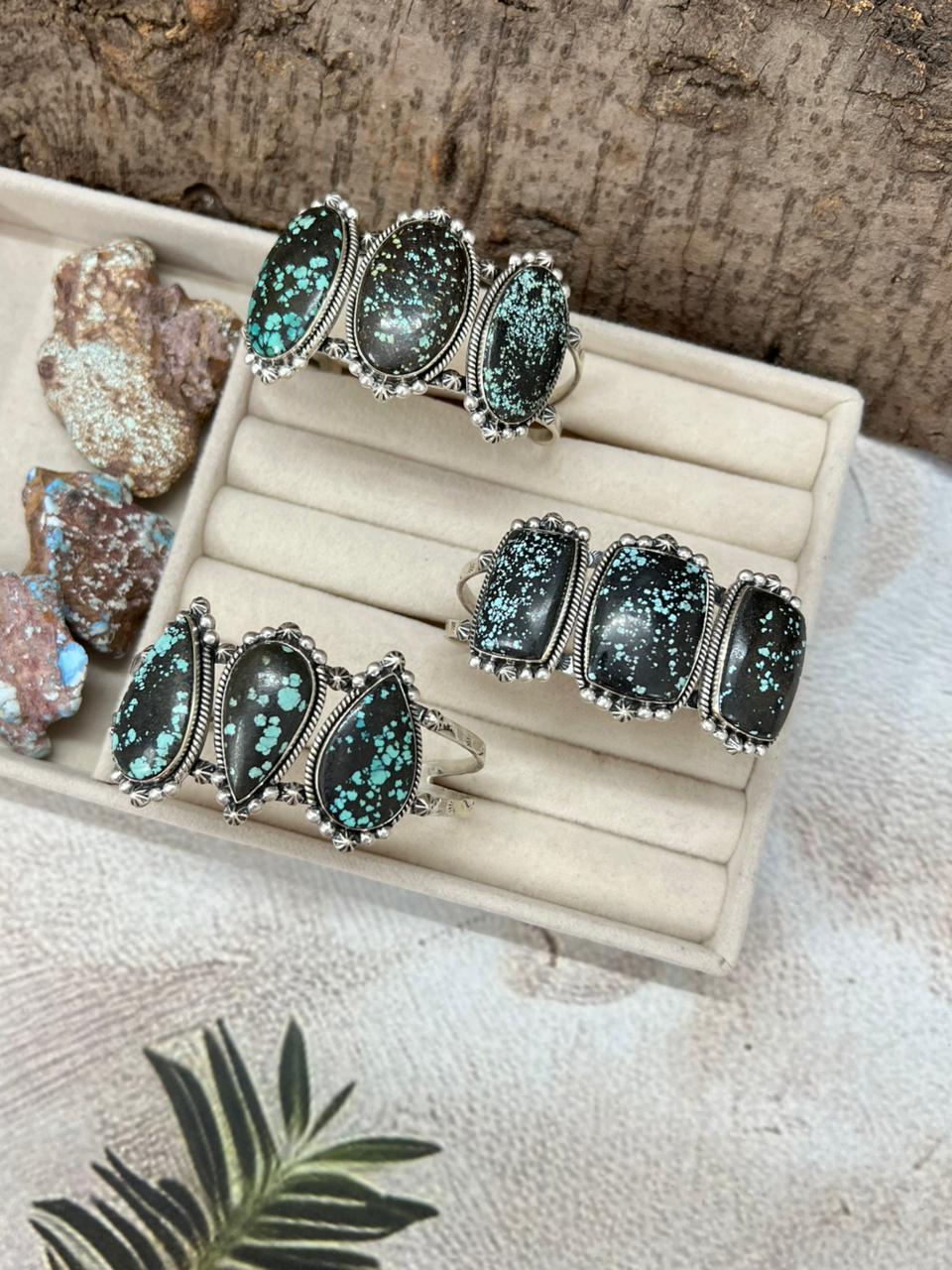 Handmade Sterling Silver Lander Turquoise Cuff Bracelet with Signed Nizhoni