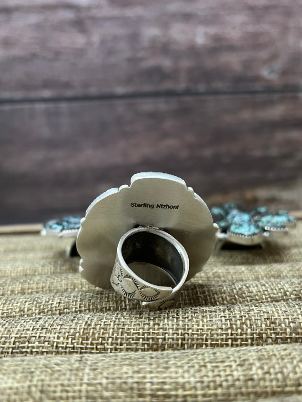 Handmade Sterling Silver Lander Turquoise Adjustable Ring With Signed Nizhoni