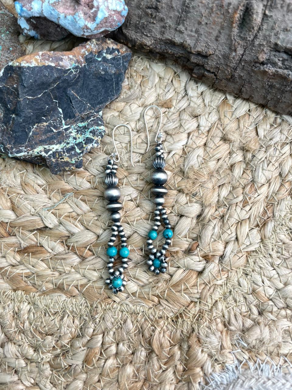 Handmade Sterling Silver Beaded Kingman Turquoise Hook Dangle Earrings