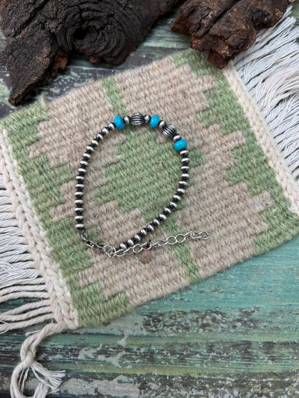 Handmade Sterling Silver Kingman Turquoise Beaded Bracelet "Signed Nizhoni"