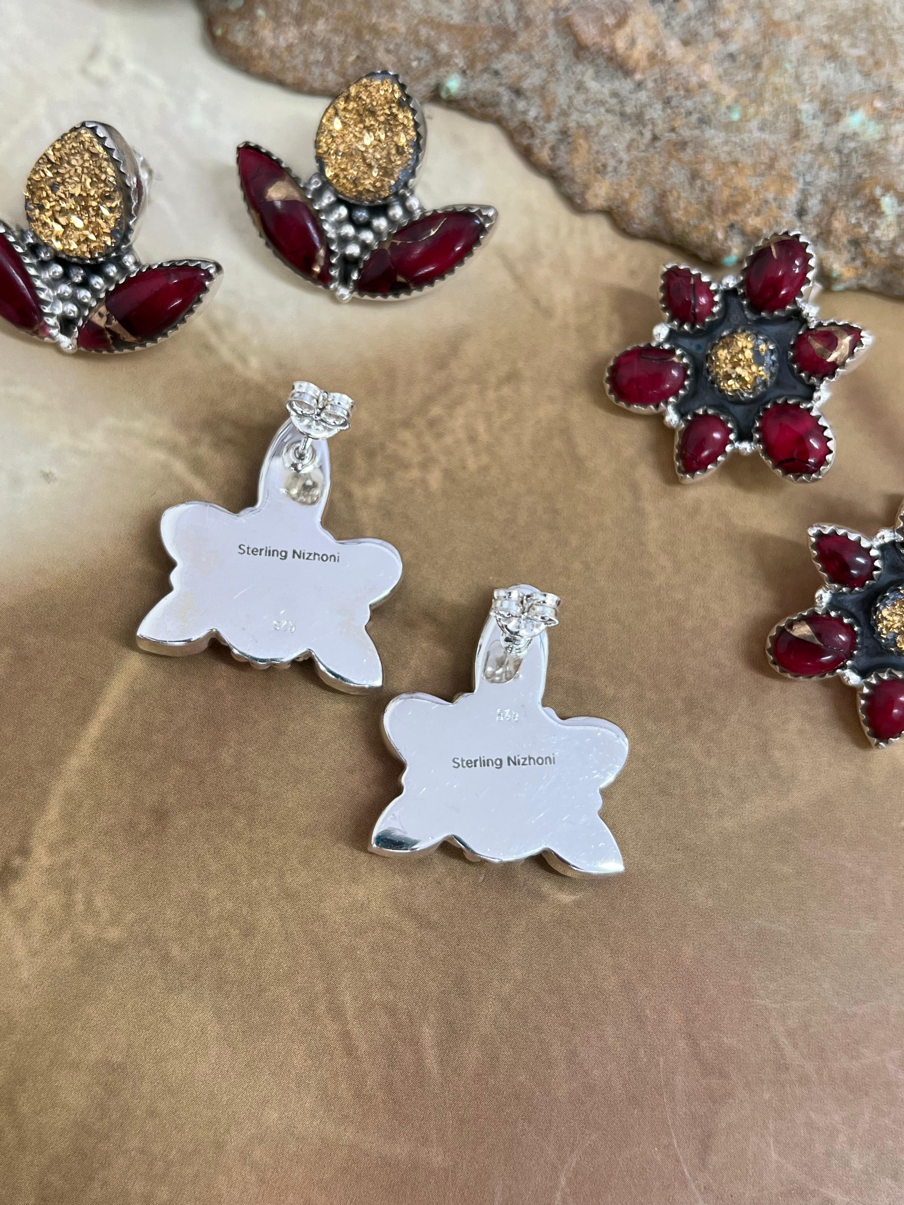 Handmade Sterling Silver Dahlia Rose with Druzy Studs, Signed Nizhoni