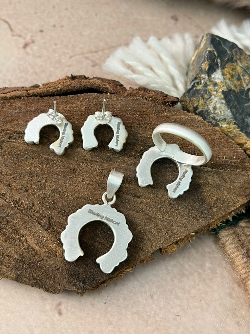 Handmade Sterling Silver Kingman Turquoise Naja Pendant Ring and Earrings Set Signed Nizhoni