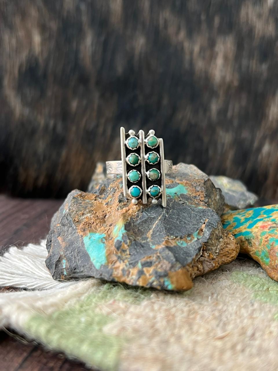 Handmade Sterling Silver Kingman Turquoise Adjustable Ring "Signed Nizhoni"