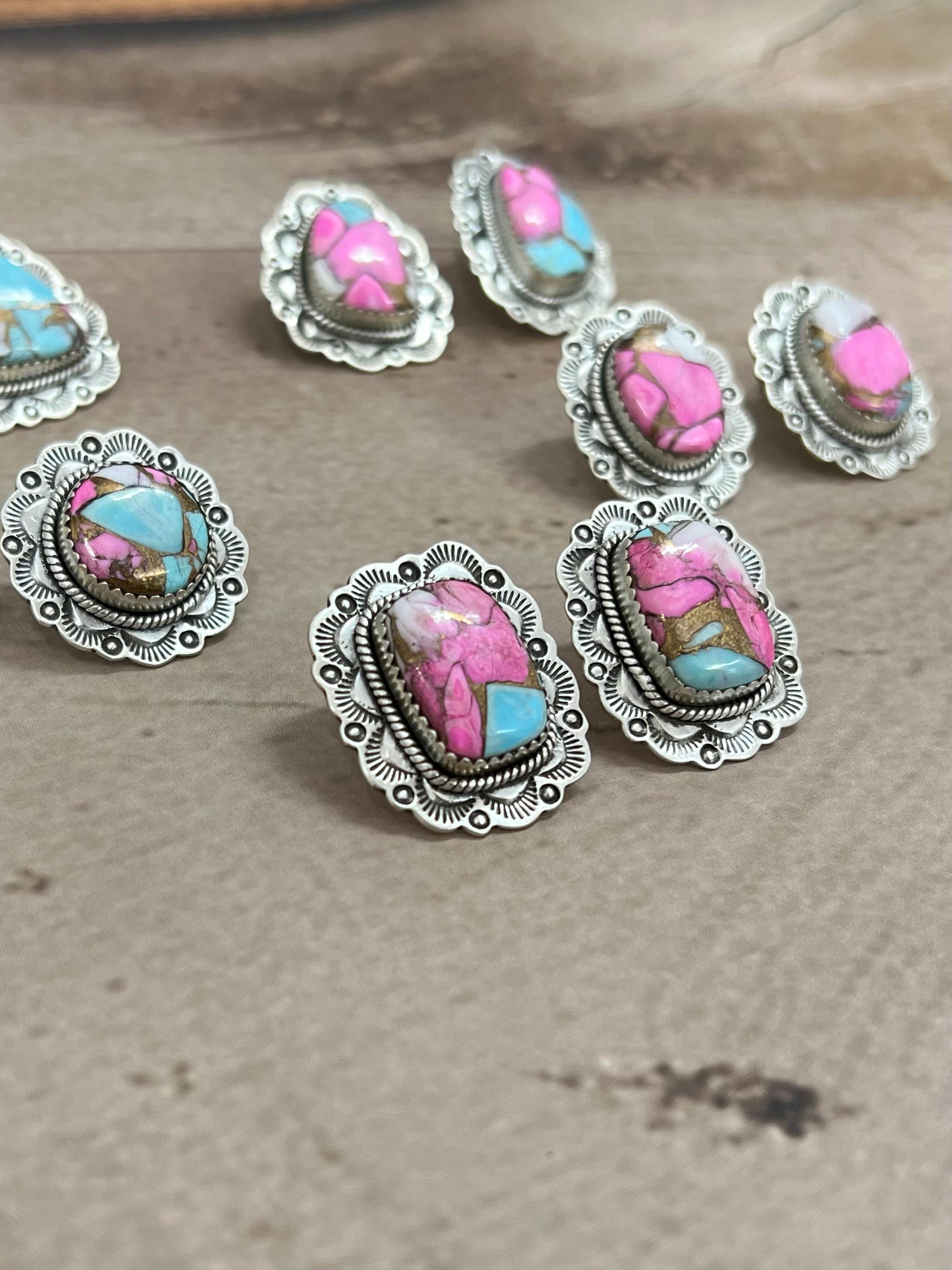 Handmade Sterling Silver Cotton Candy Turquoise Post Earrings with Signed Nizhoni