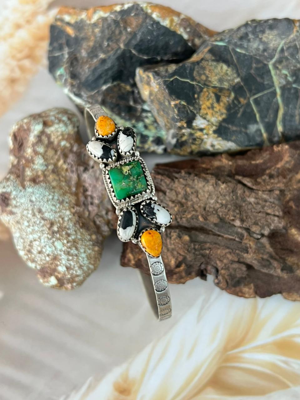 Handmade Sterling Silver Spring Collection: Bumblebee with Sonoran and White Buffalo Bracelet "Signed Nizhoni"