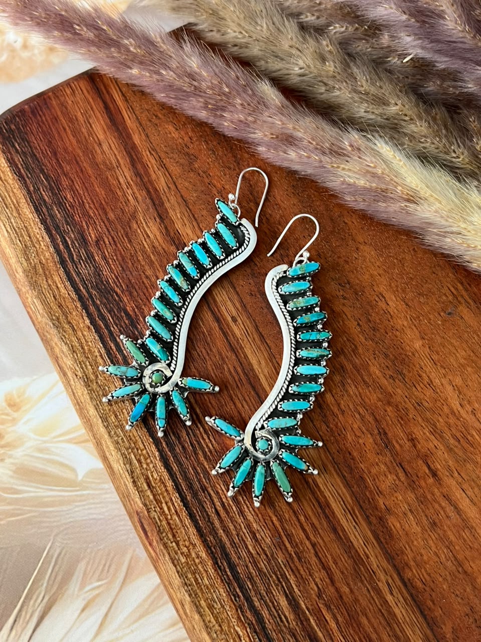 Handmade Sterling Silver Kingman Turquoise Hook Dangle Earrings Signed Nizhoni