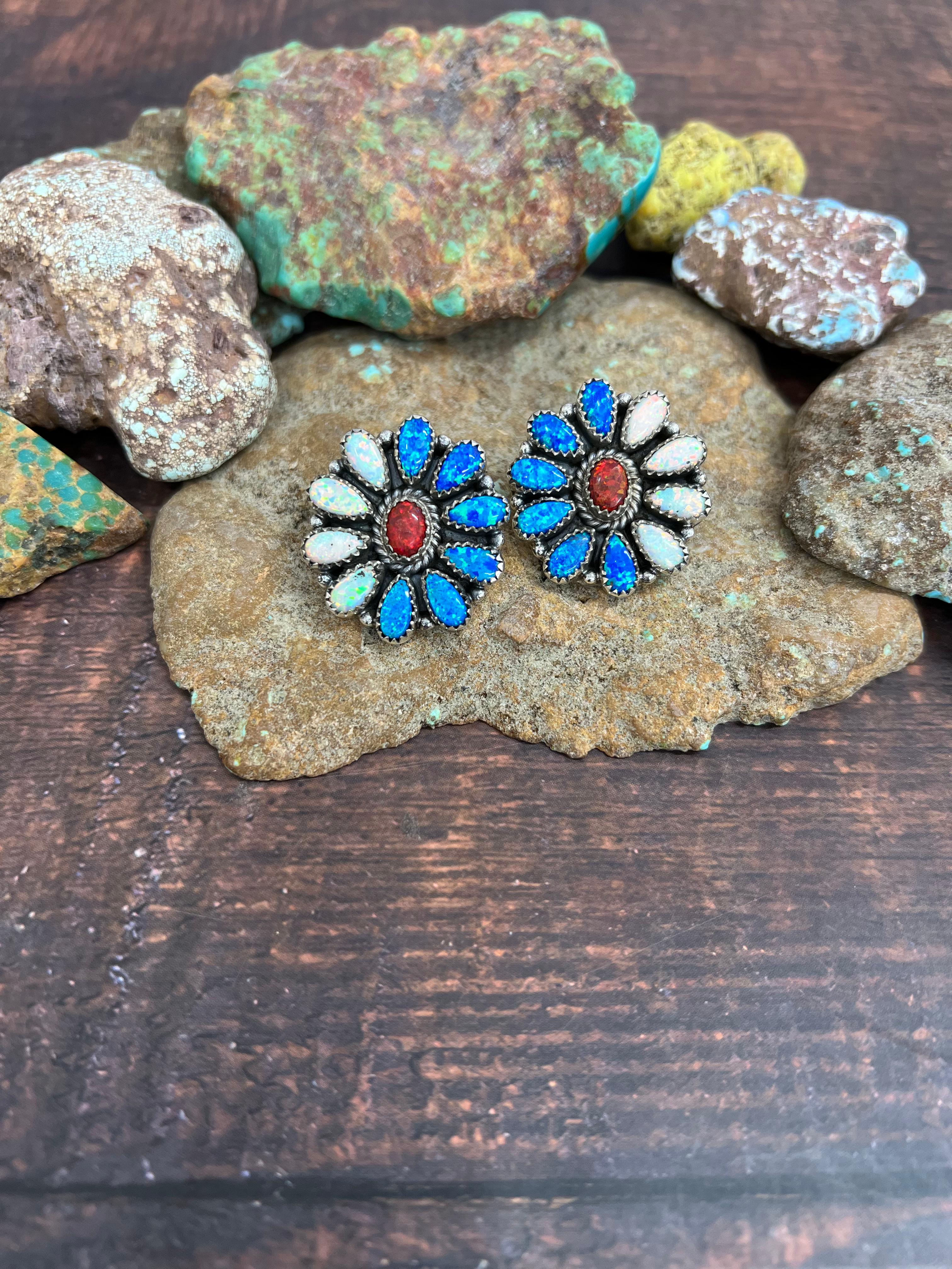 ** 4TH OF JULY ** Handmade Sterling Silver Synthetic Opal Post Earrings with Signed Nizhoni