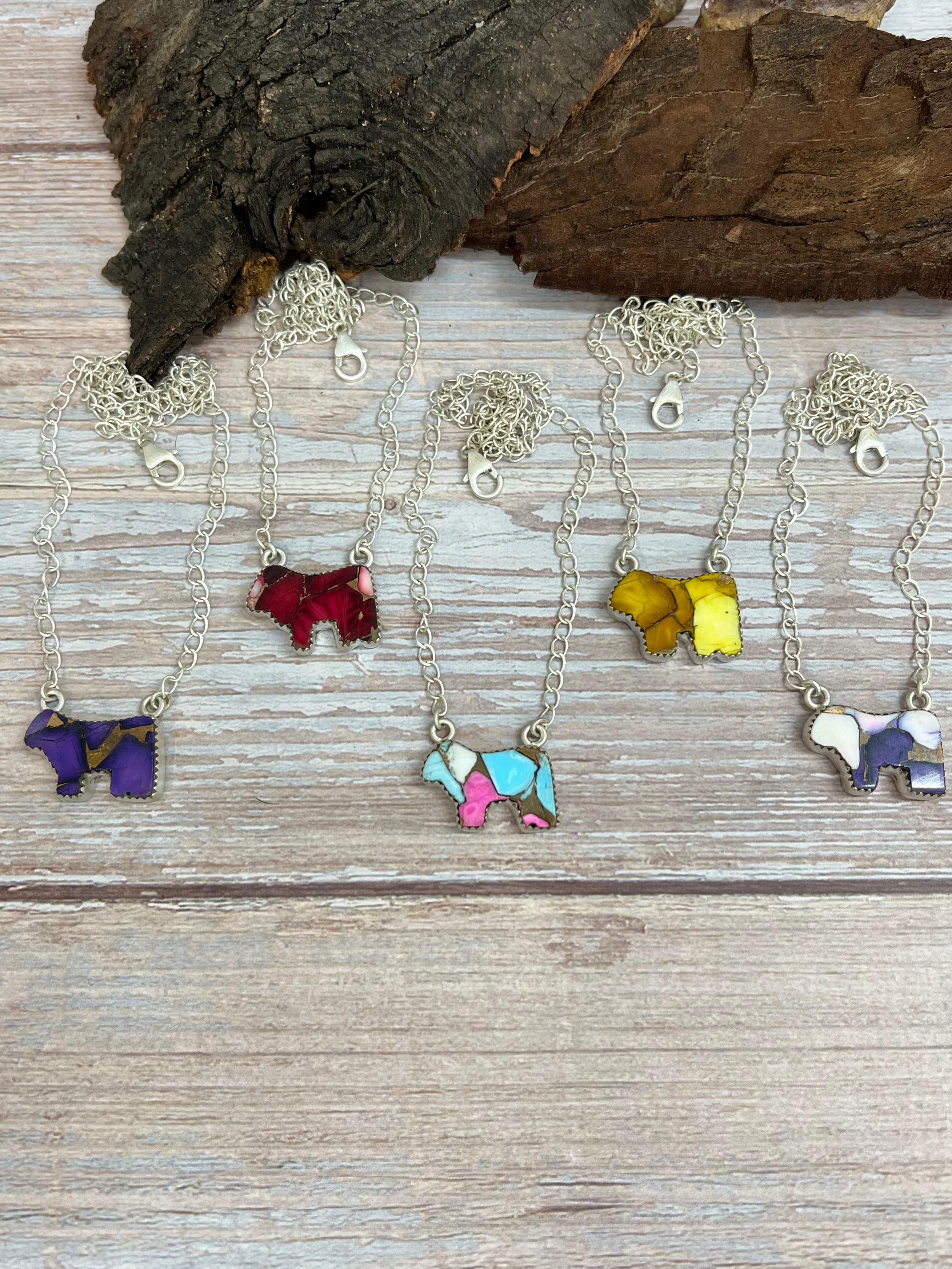 Handmade Sterling Silver Multi Stone Bull Necklace Signed Nizhoni