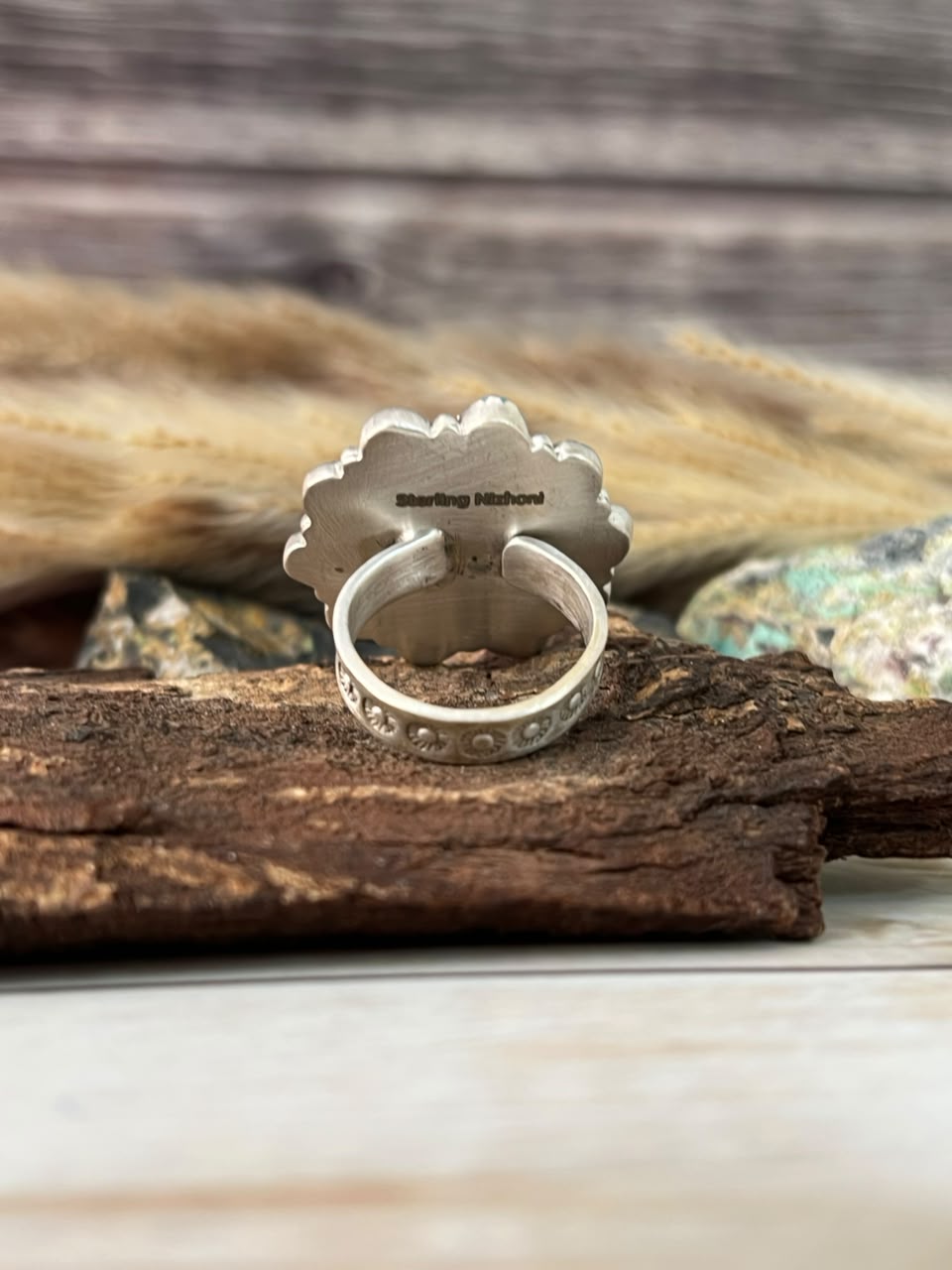 Handmade Sterling Silver Campitos Turquoise Adjustable Ring Signed Nizhoni