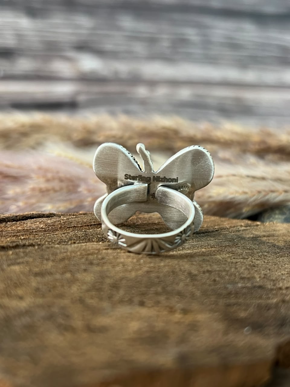 Handmade Sterling Silver Hardy Pit Collection: Butterfly Adjustable Ring Signed Nizhoni