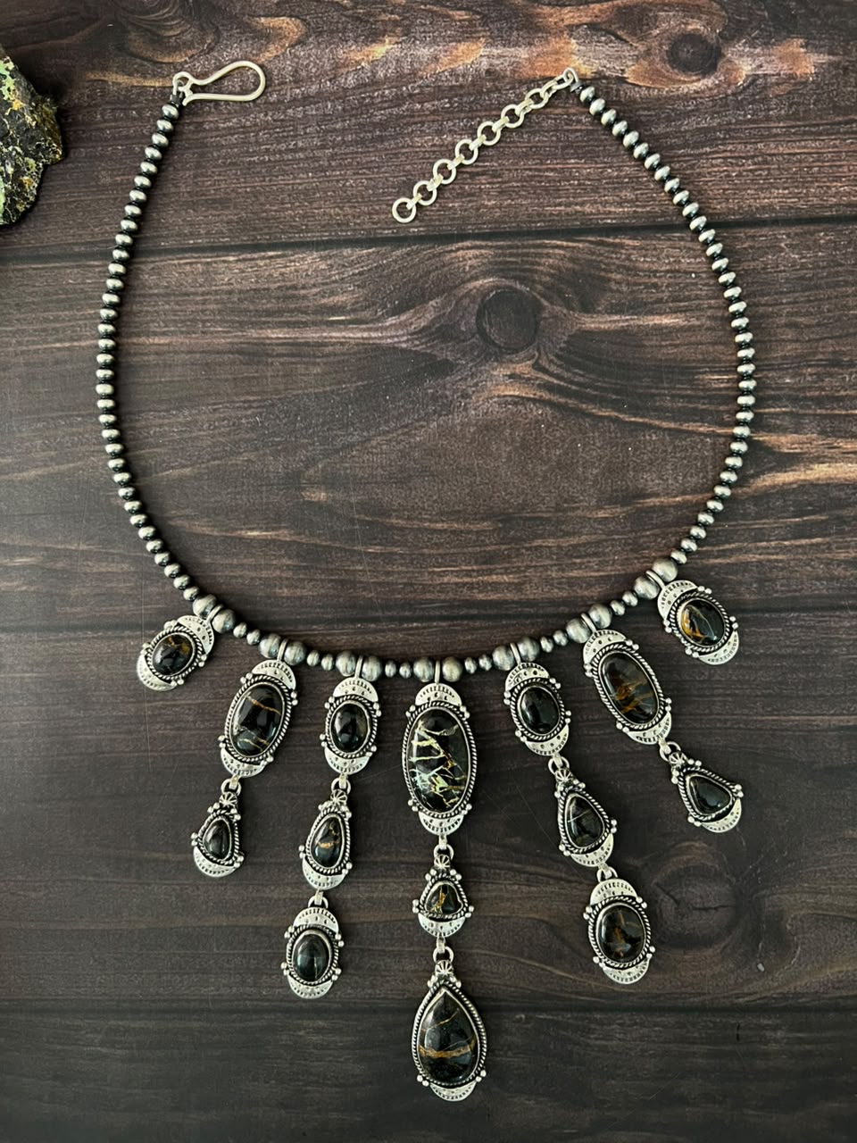 Handmade Sterling Silver Blackjack Turquoise Collection: Beaded Necklace Signed Nizhoni
