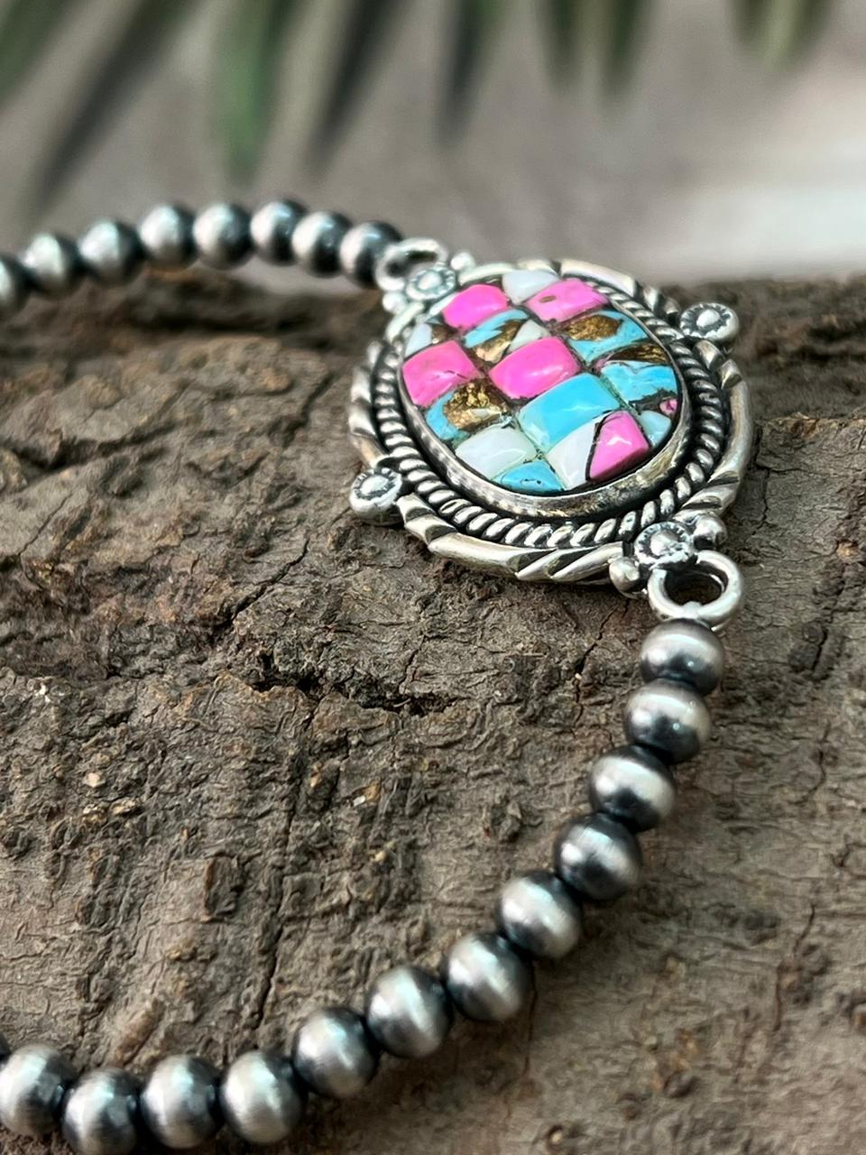 Handmade Sterling Silver Beaded Cotton Candy Bracelet "Signed Nizhoni"