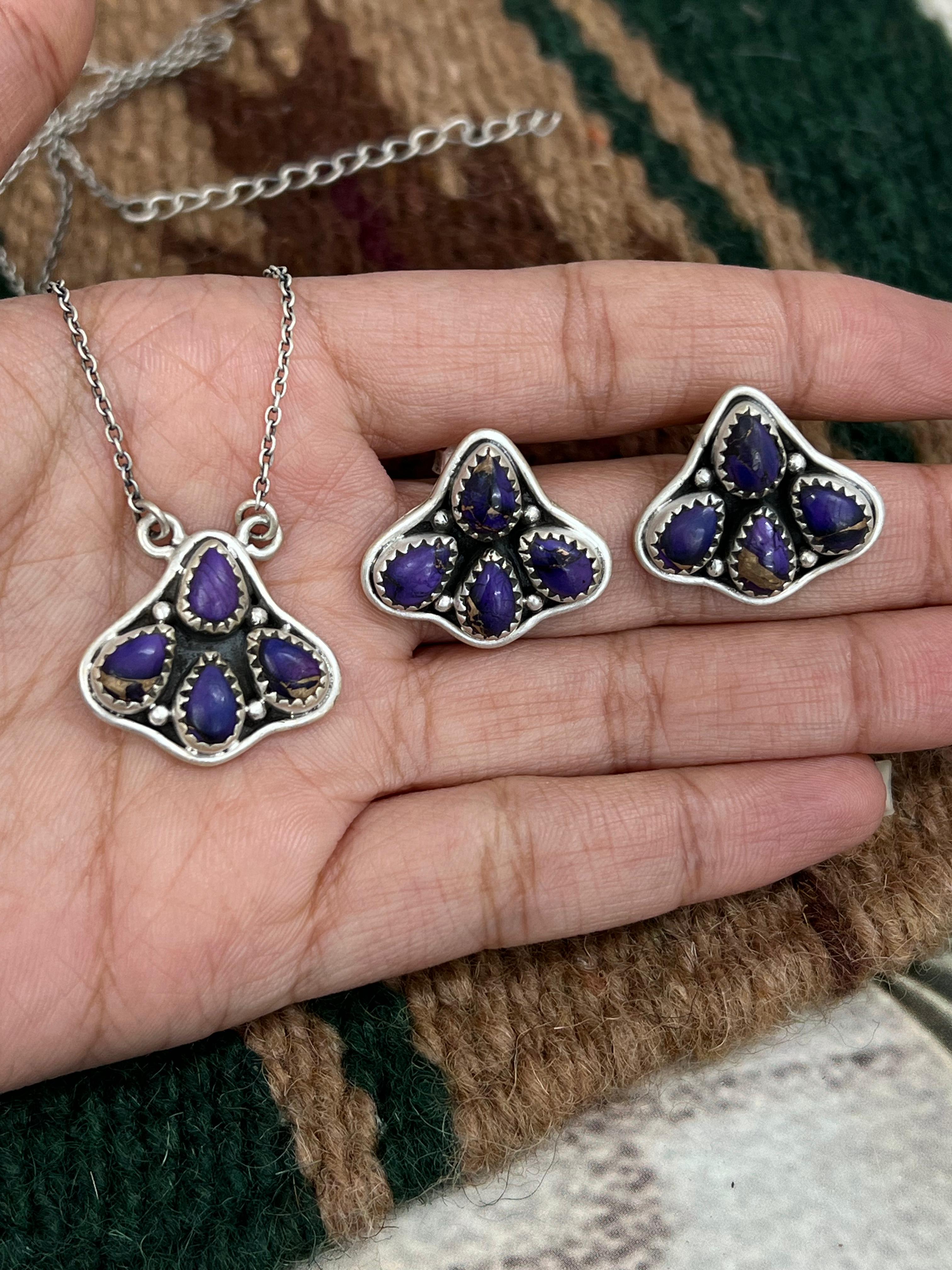 Handmade Sterling Silver Grape Dahlia Necklace Earrings Set, Signed Nizhoni