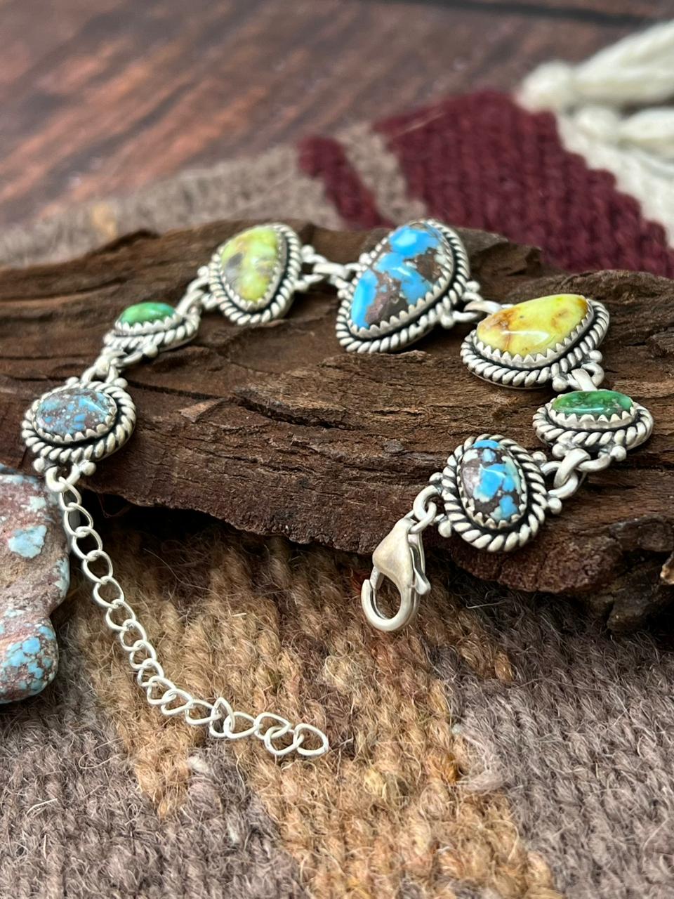 Handmade Sterling Silver Palomino with Golden Hills and Sonoran Turquoise Chain Bracelet "Signed Nizhoni"