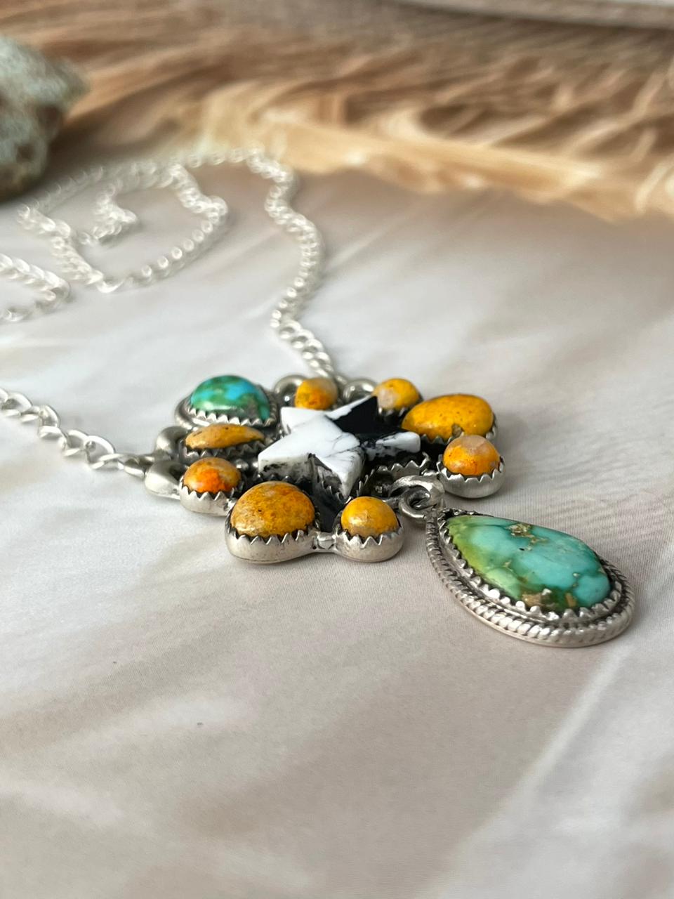 Handmade Sterling Silver Spring Collection: White Buffalo with Bumblebee & Sonoran Mountain Turquoise Necklace "Signed Nizhoni"