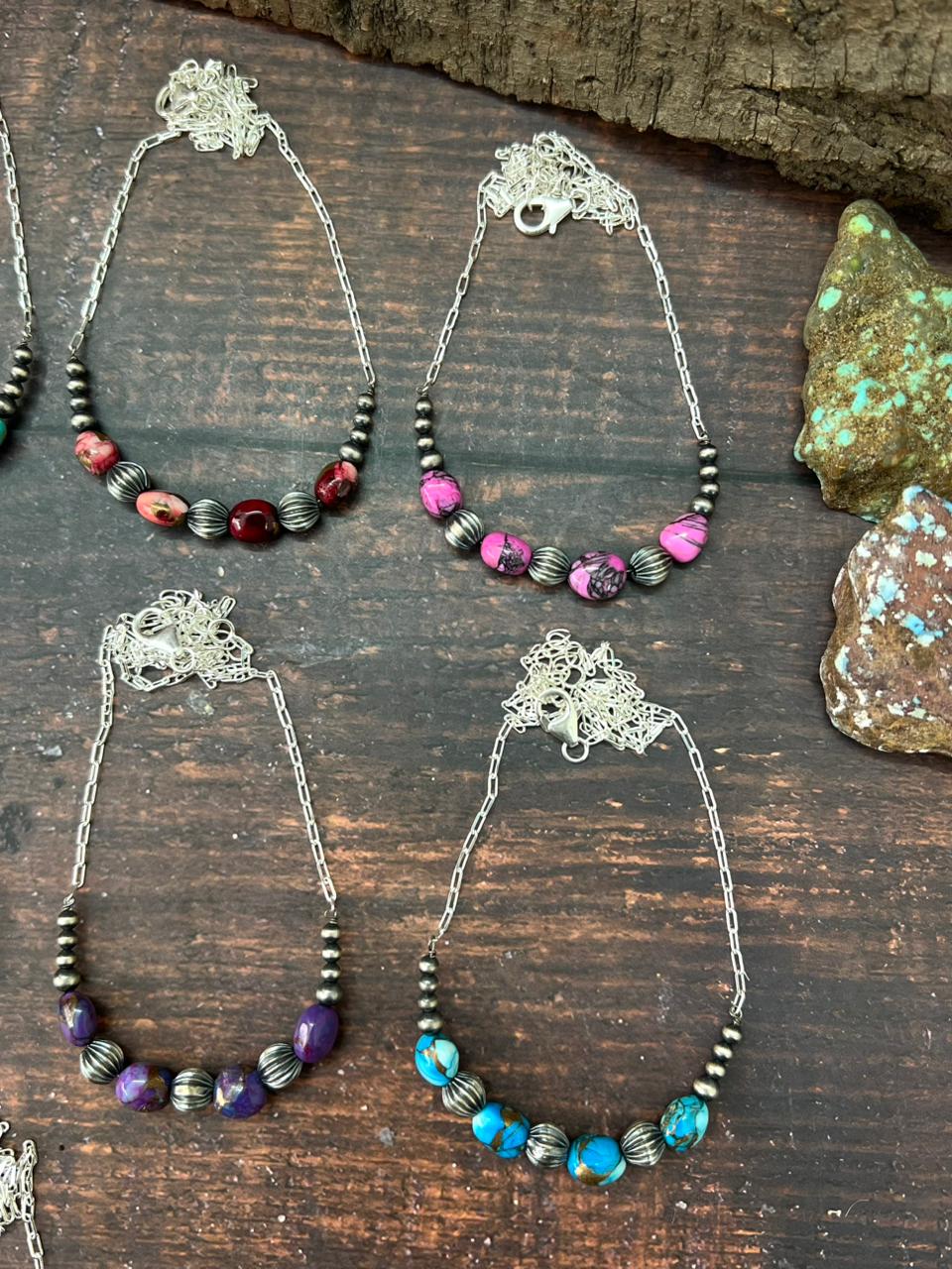 Handmade Sterling Silver Beaded Multi Stone Necklace "Signed Nizhoni"