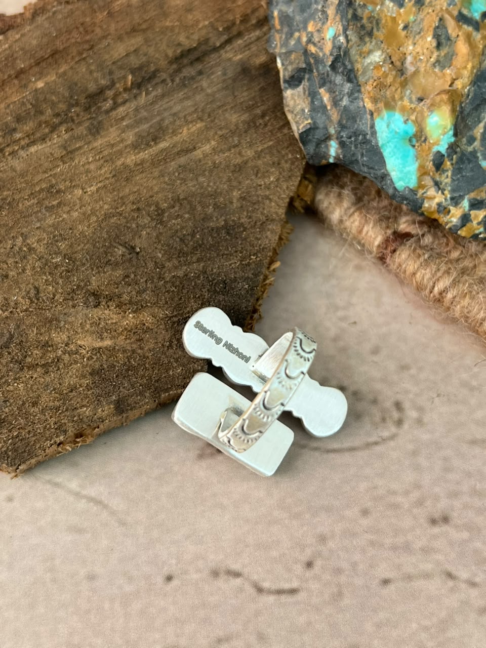 Handmade Sterling Silver Cotton Candy with Kingman Turquoise Adjustable Ring Signed Nizhoni